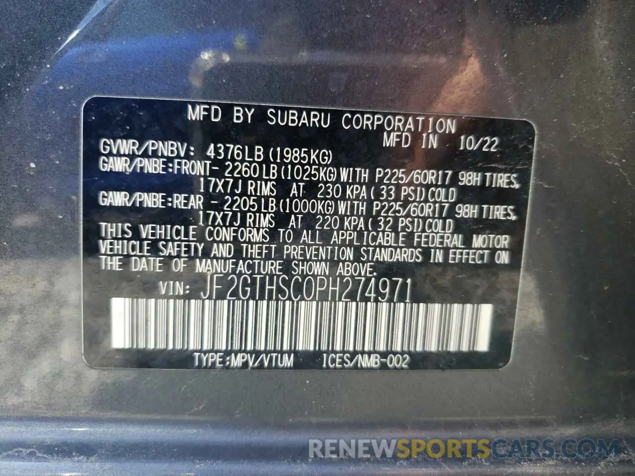 12 fotografías del automóvil dañado JF2GTHSC0PH274971 SUBARU CROSSTREK 2023