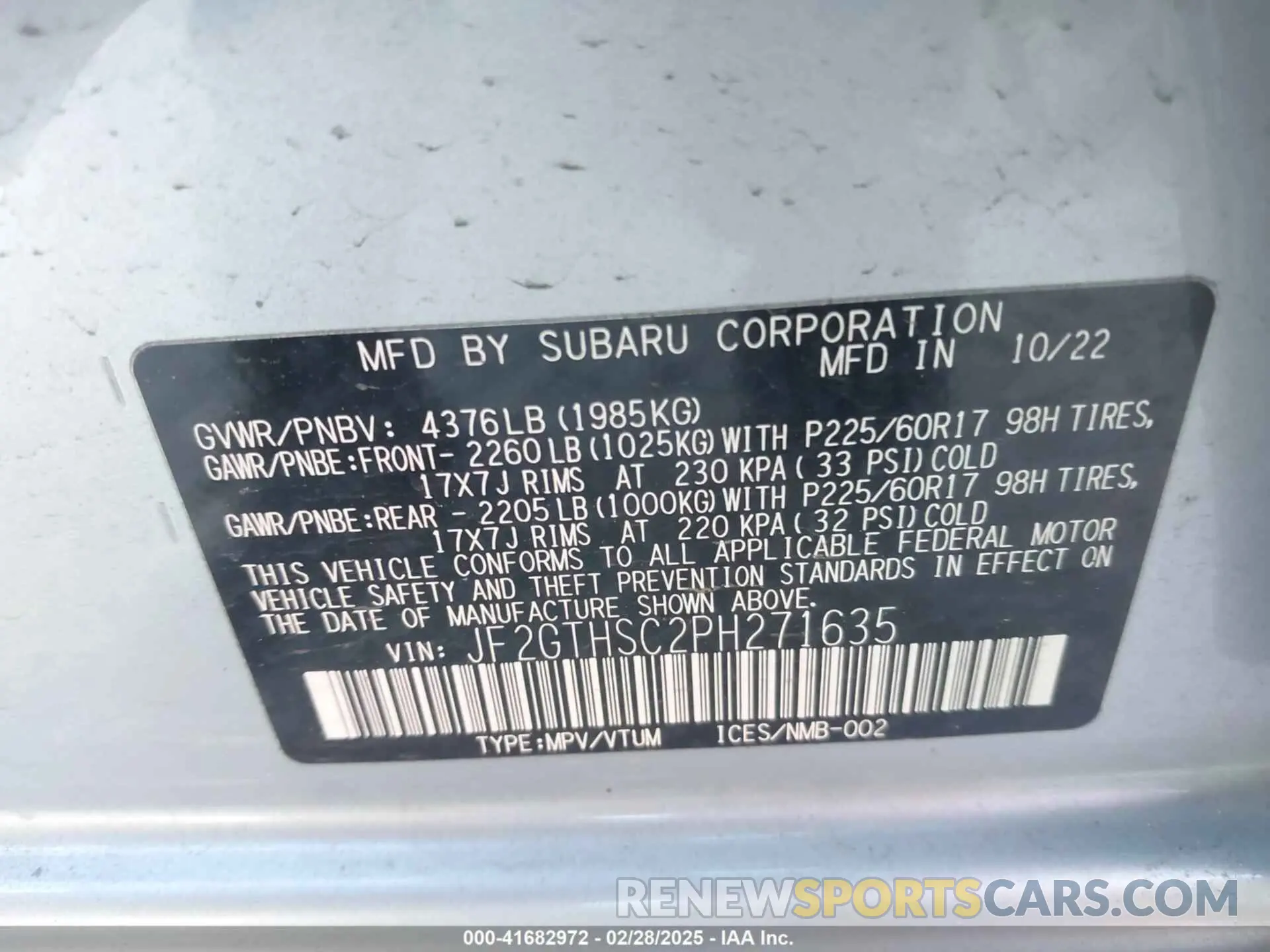 9 fotografías del automóvil dañado JF2GTHSC2PH271635 SUBARU CROSSTREK 2023