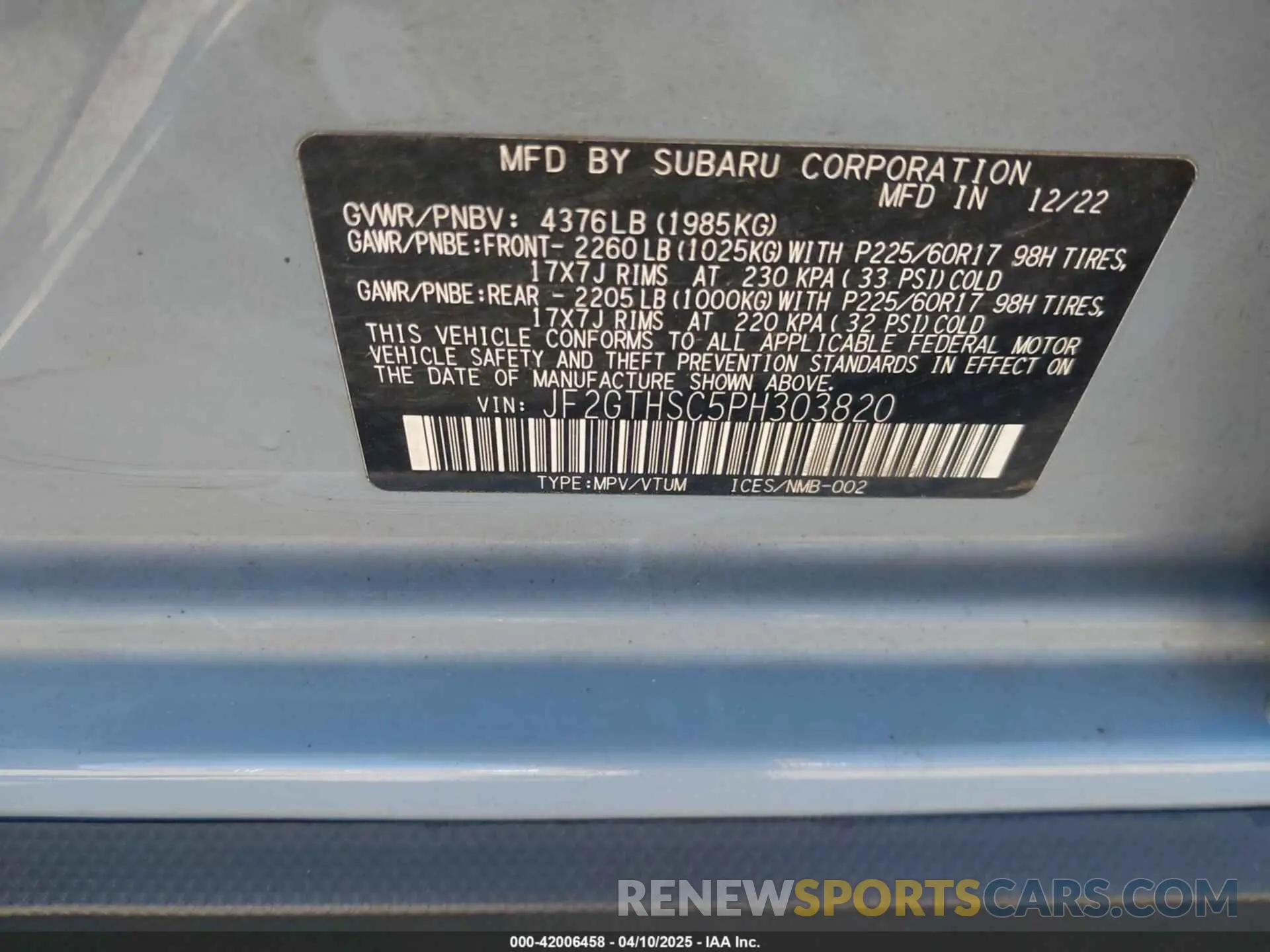 9 fotografías del automóvil dañado JF2GTHSC5PH303820 SUBARU CROSSTREK 2023