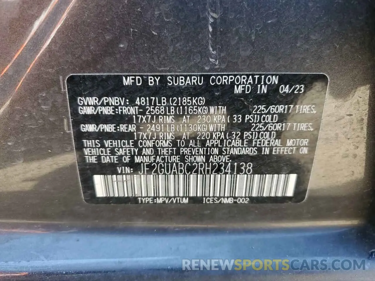 13 fotografías del automóvil dañado JF2GUABC2RH234138 SUBARU CROSSTREK 2024