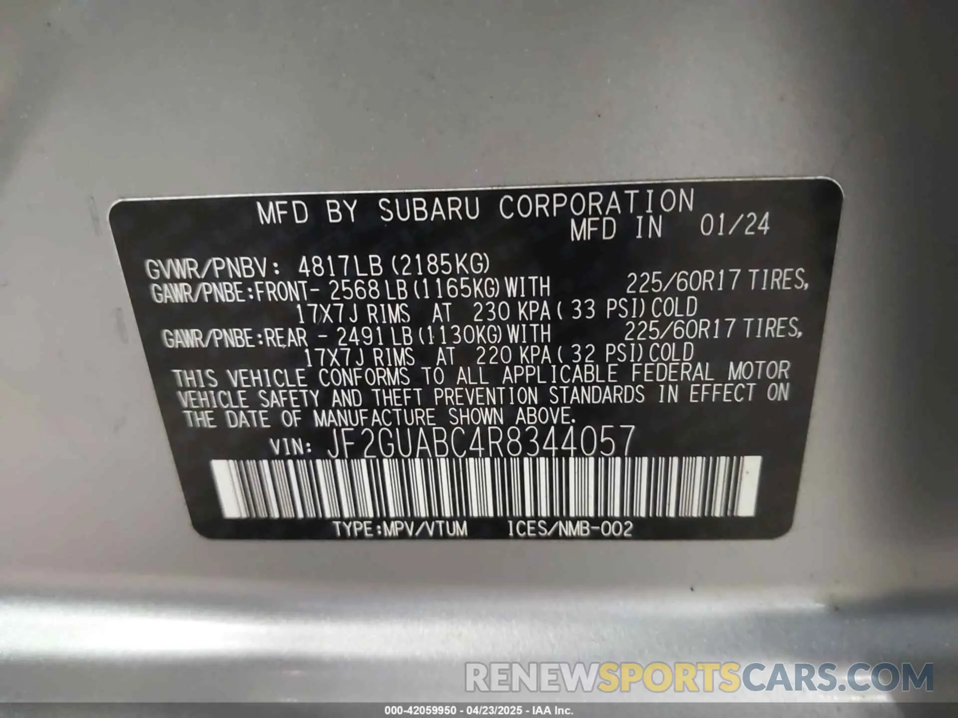 9 fotografías del automóvil dañado JF2GUABC4R8344057 SUBARU CROSSTREK 2024
