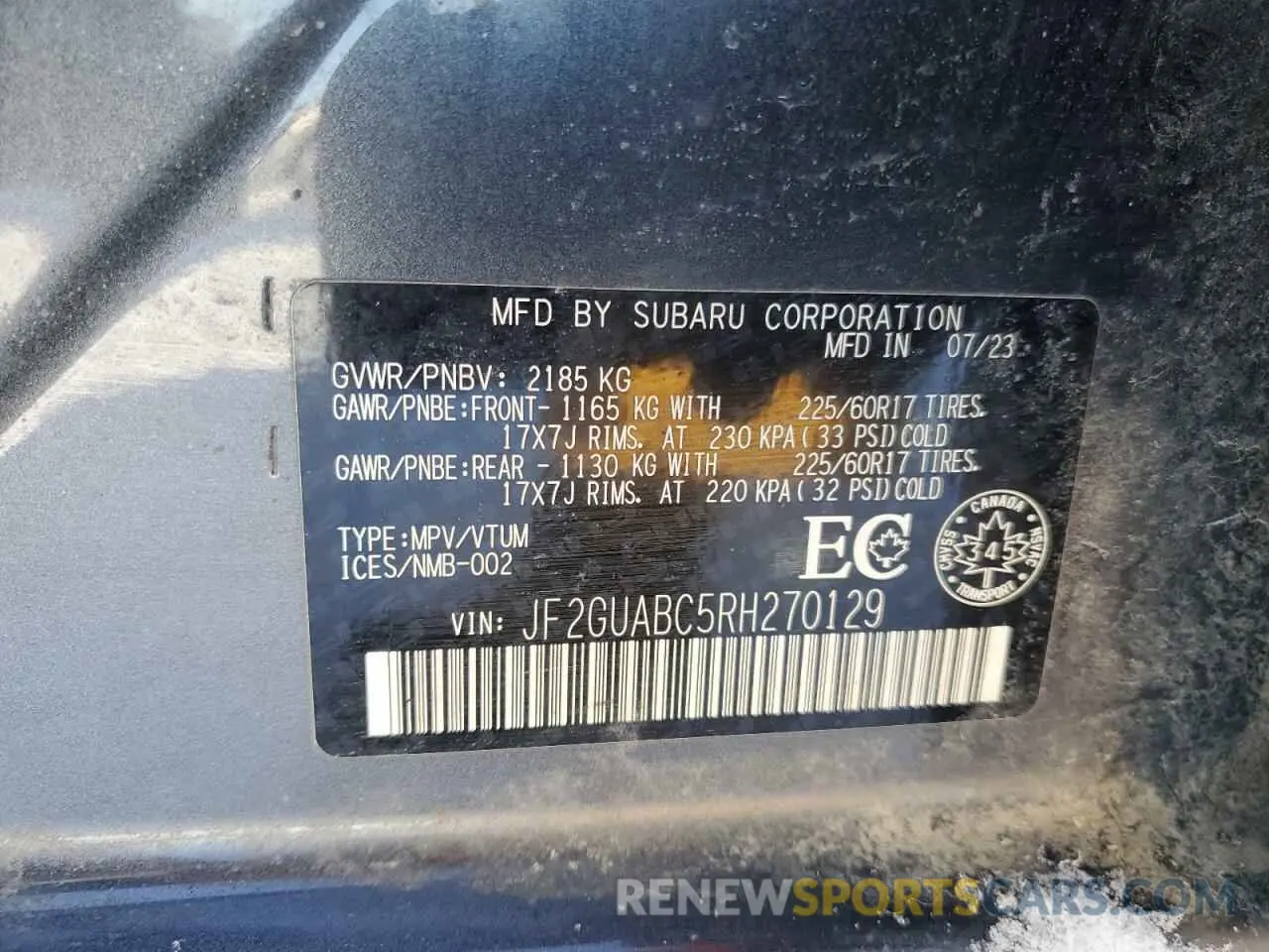 12 fotografías del automóvil dañado JF2GUABC5RH270129 SUBARU CROSSTREK 2024