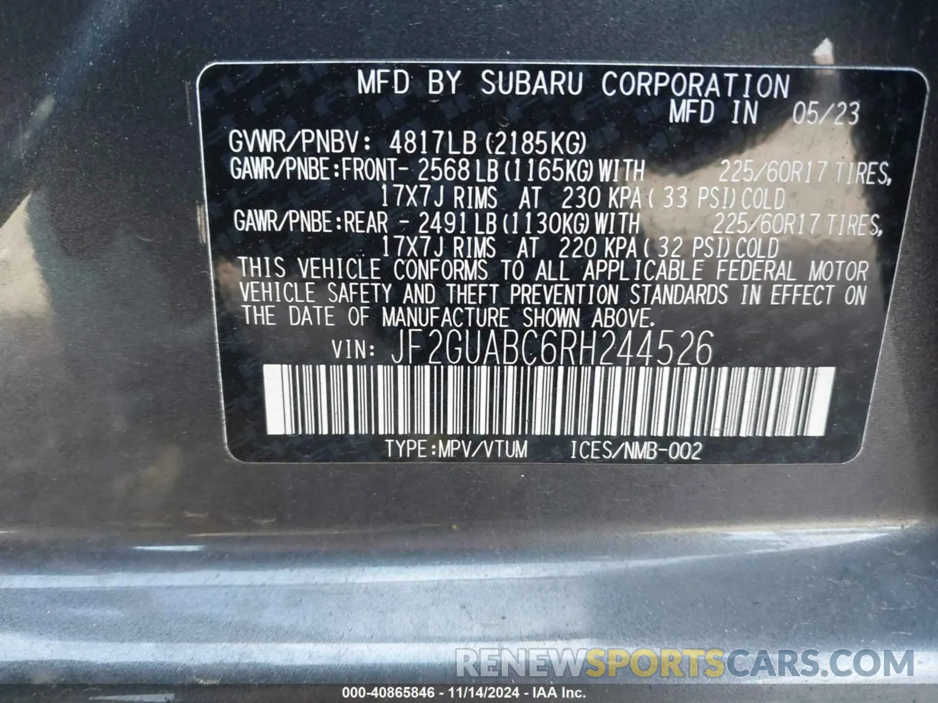 9 fotografías del automóvil dañado JF2GUABC6RH244526 SUBARU CROSSTREK 2024