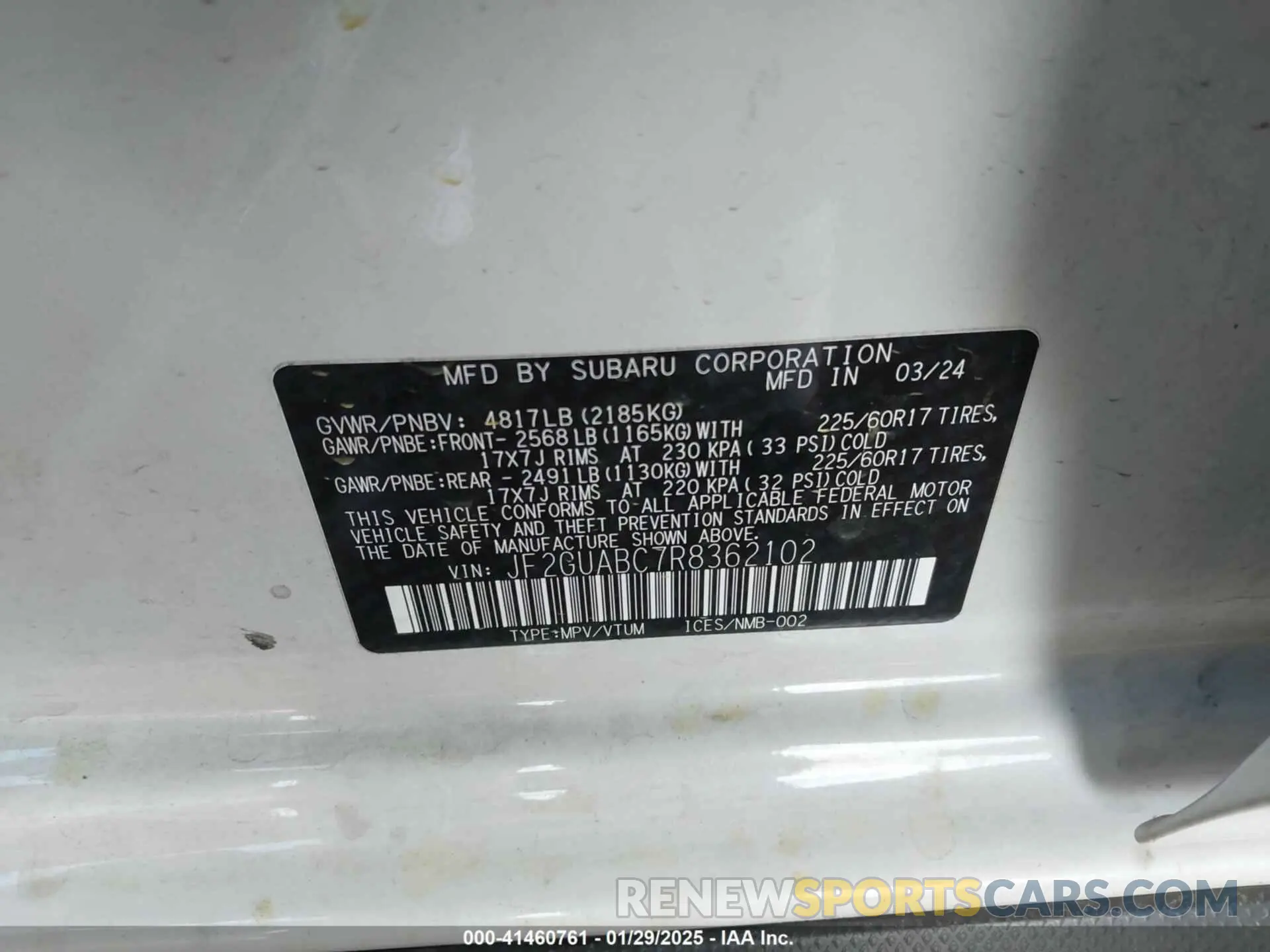 9 fotografías del automóvil dañado JF2GUABC7R8362102 SUBARU CROSSTREK 2024