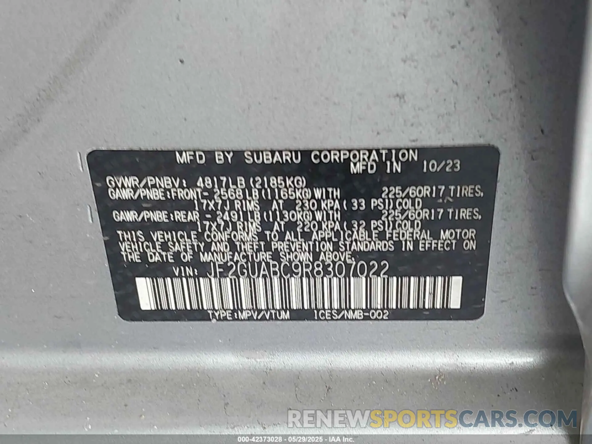8 fotografías del automóvil dañado JF2GUABC9R8307022 SUBARU CROSSTREK 2024