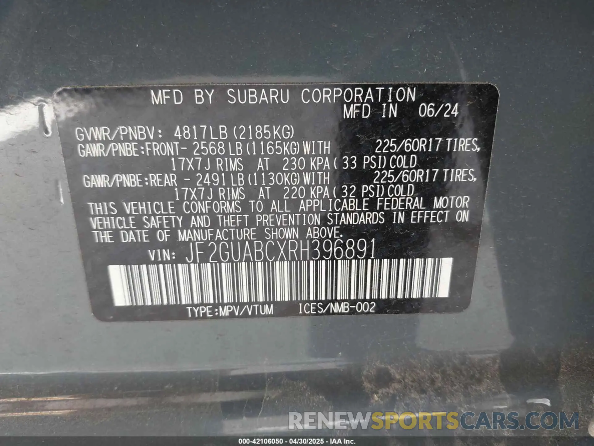9 fotografías del automóvil dañado JF2GUABCXRH396891 SUBARU CROSSTREK 2024