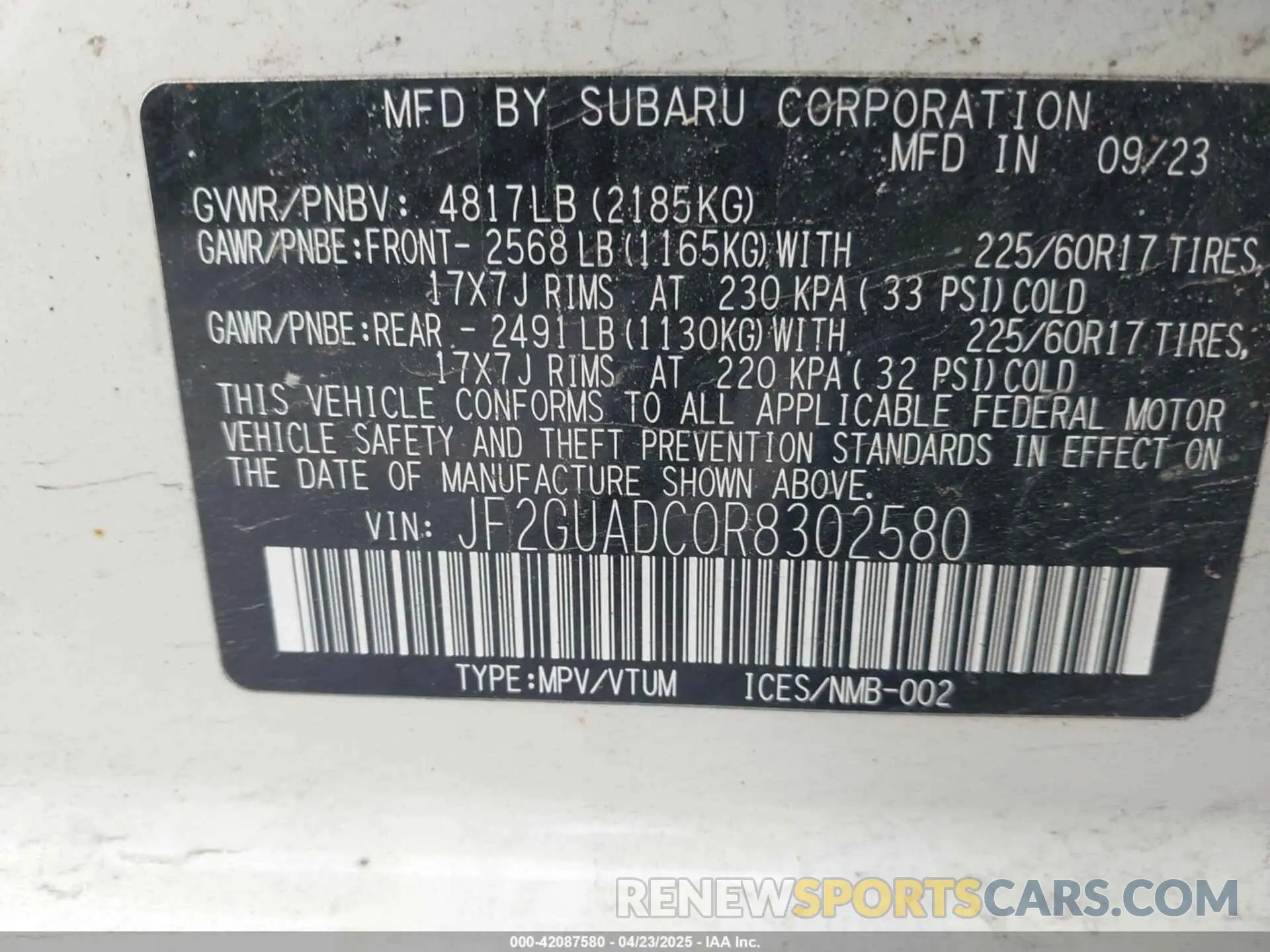 9 fotografías del automóvil dañado JF2GUADC0R8302580 SUBARU CROSSTREK 2024