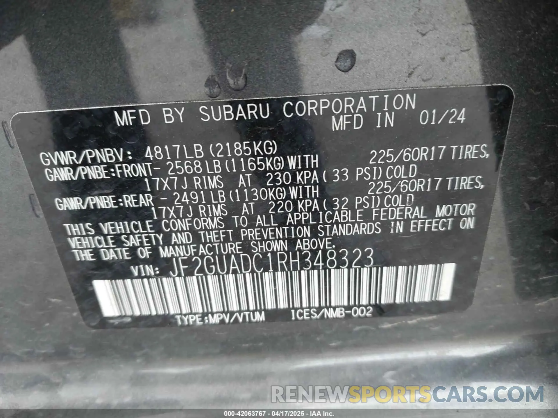 9 fotografías del automóvil dañado JF2GUADC1RH348323 SUBARU CROSSTREK 2024