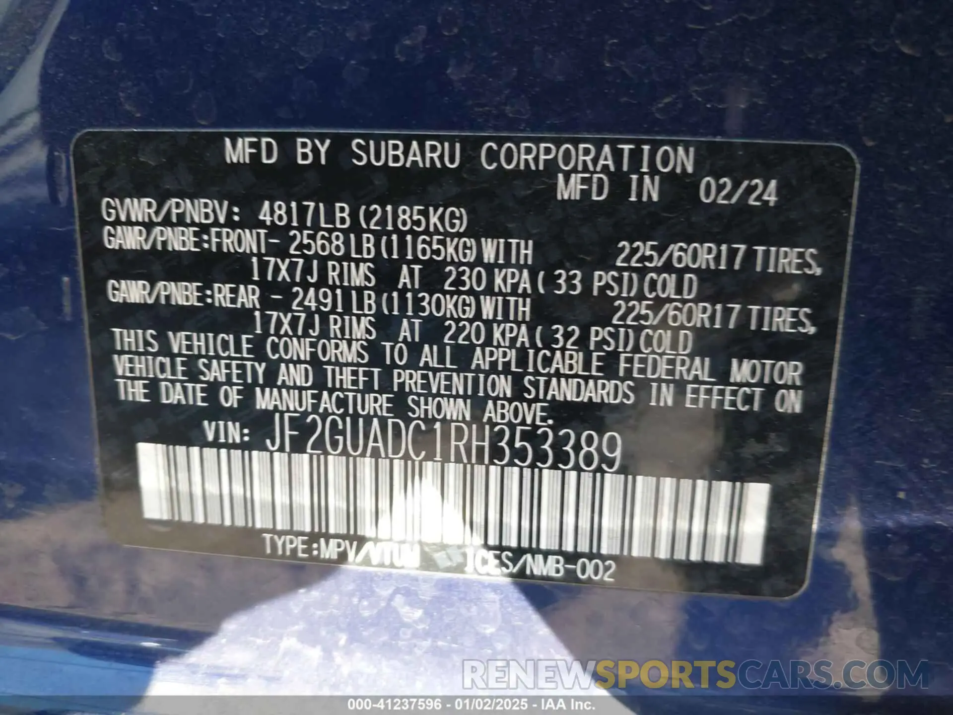 9 fotografías del automóvil dañado JF2GUADC1RH353389 SUBARU CROSSTREK 2024