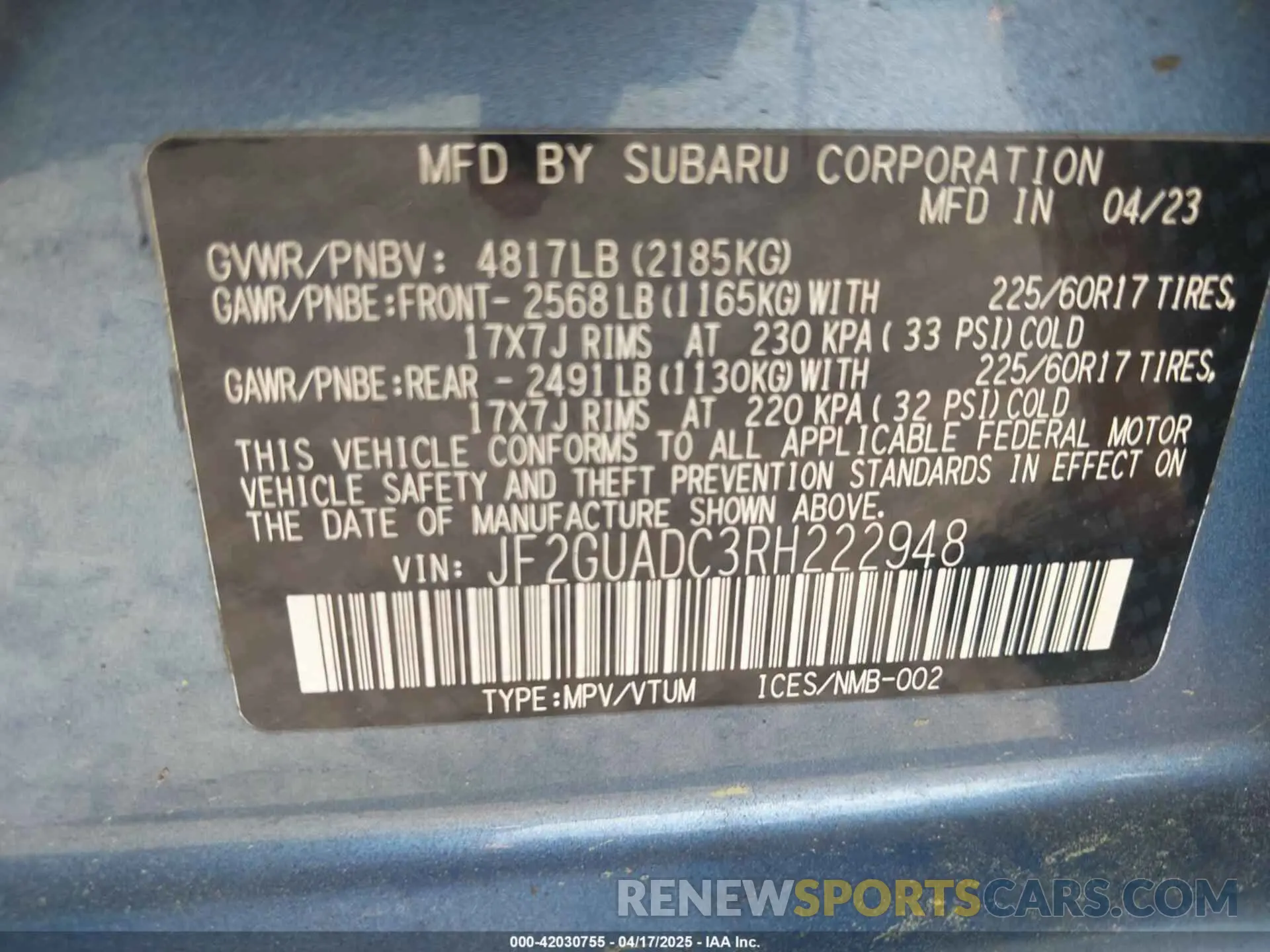 8 fotografías del automóvil dañado JF2GUADC3RH222948 SUBARU CROSSTREK 2024