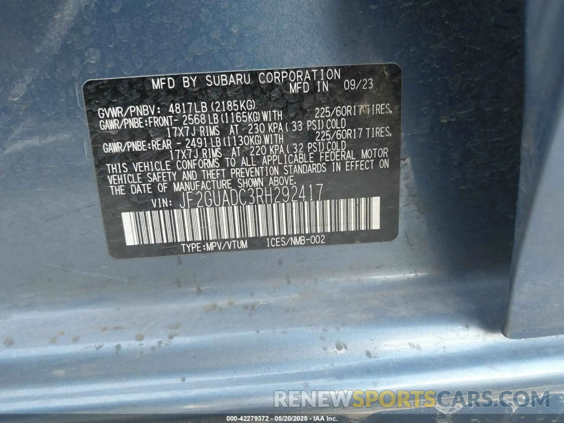 9 fotografías del automóvil dañado JF2GUADC3RH292417 SUBARU CROSSTREK 2024