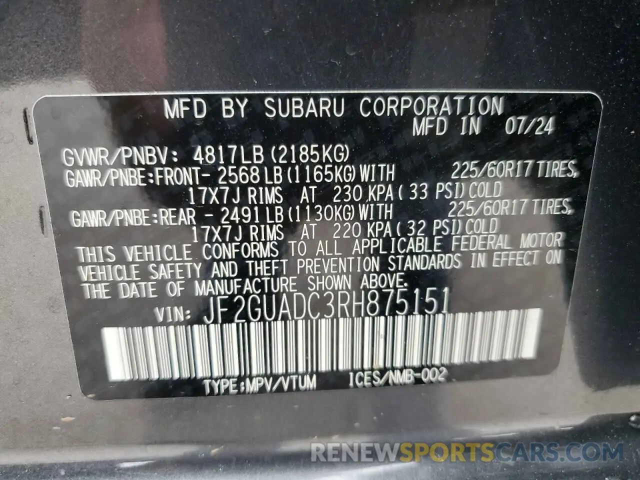 15 fotografías del automóvil dañado JF2GUADC3RH875151 SUBARU CROSSTREK 2024