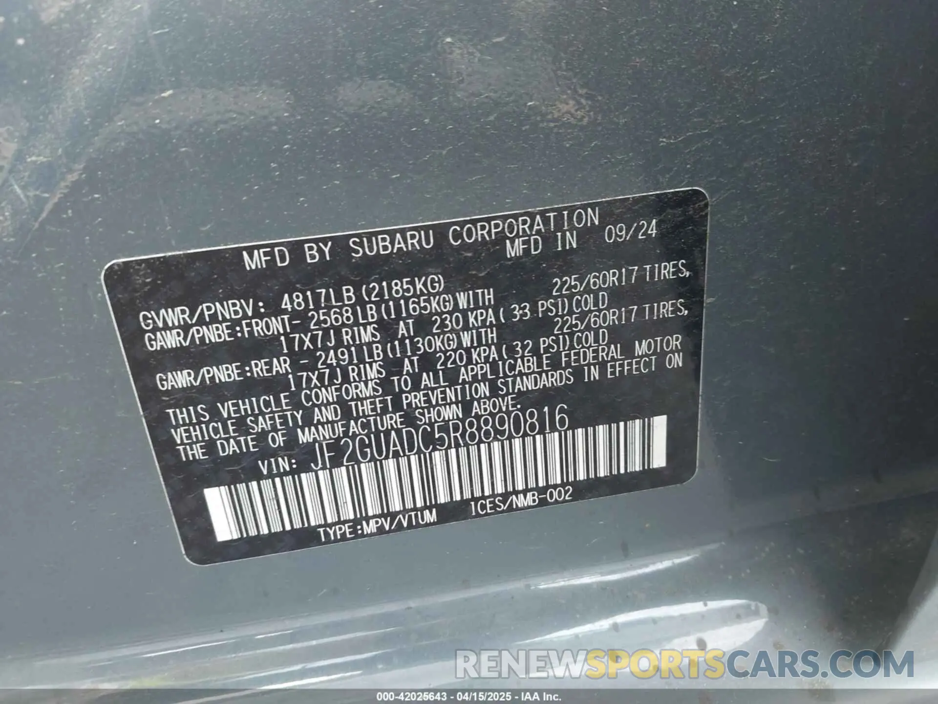 9 fotografías del automóvil dañado JF2GUADC5R8890816 SUBARU CROSSTREK 2024