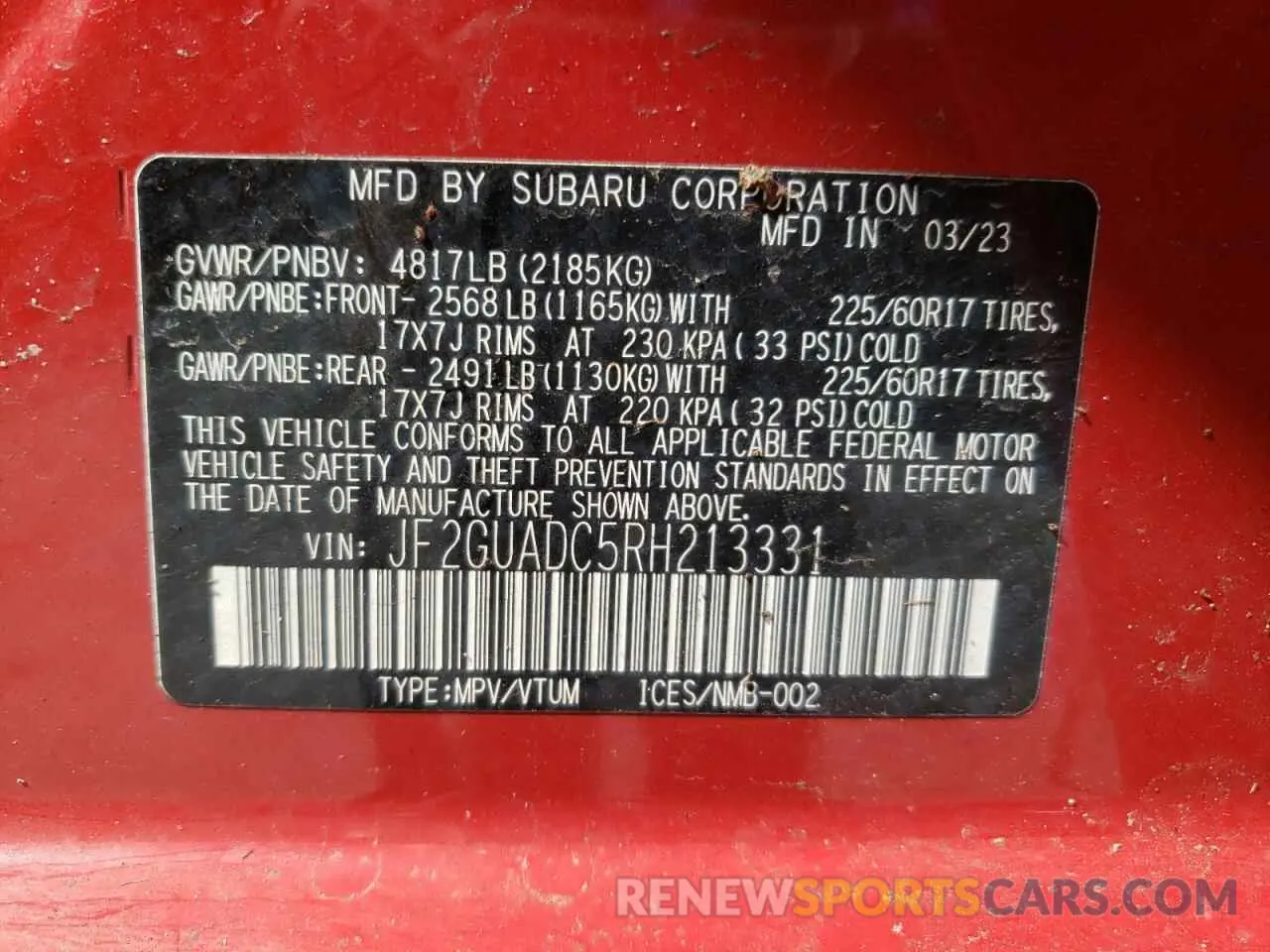14 fotografías del automóvil dañado JF2GUADC5RH213331 SUBARU CROSSTREK 2024