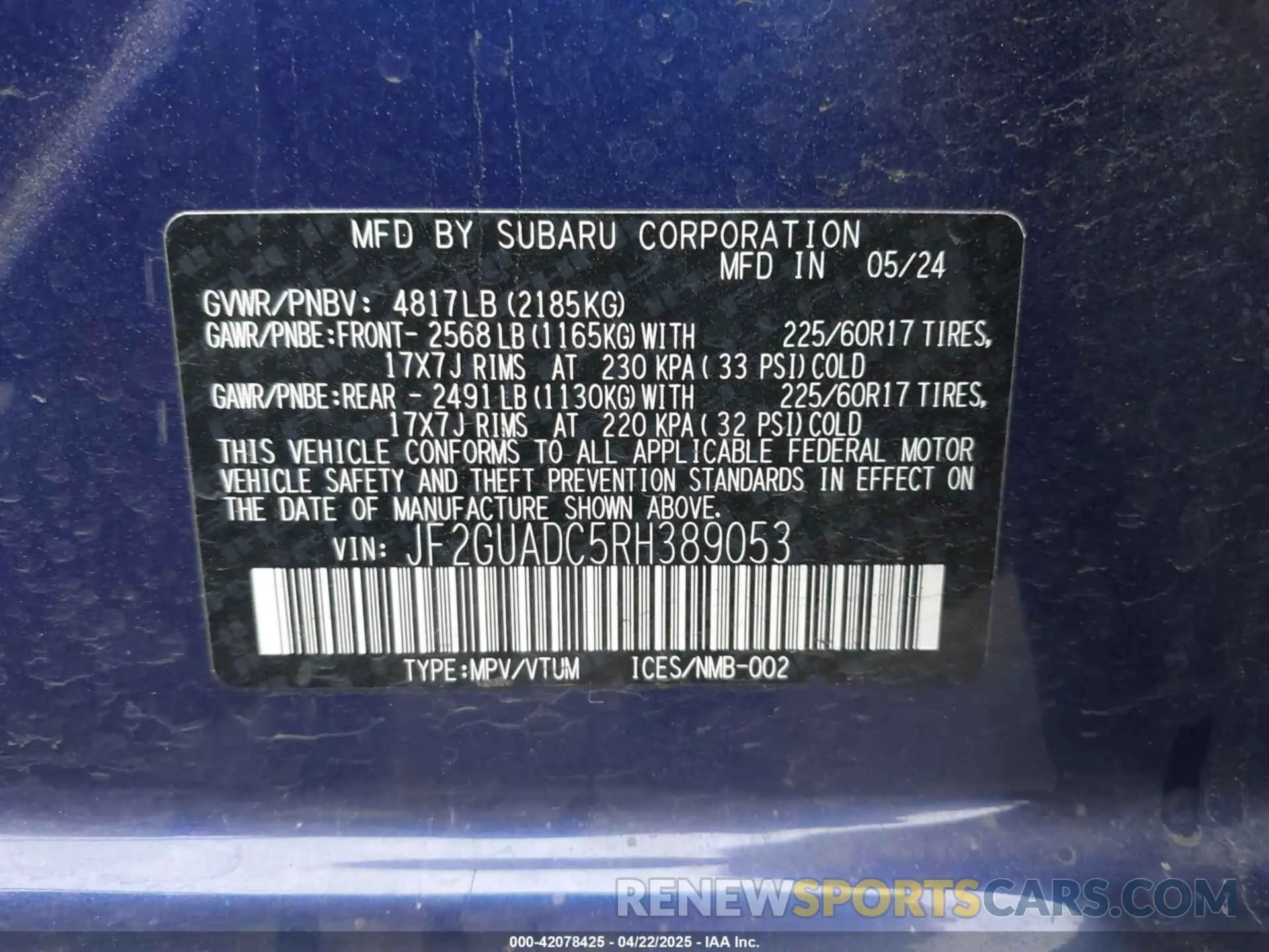 9 fotografías del automóvil dañado JF2GUADC5RH389053 SUBARU CROSSTREK 2024