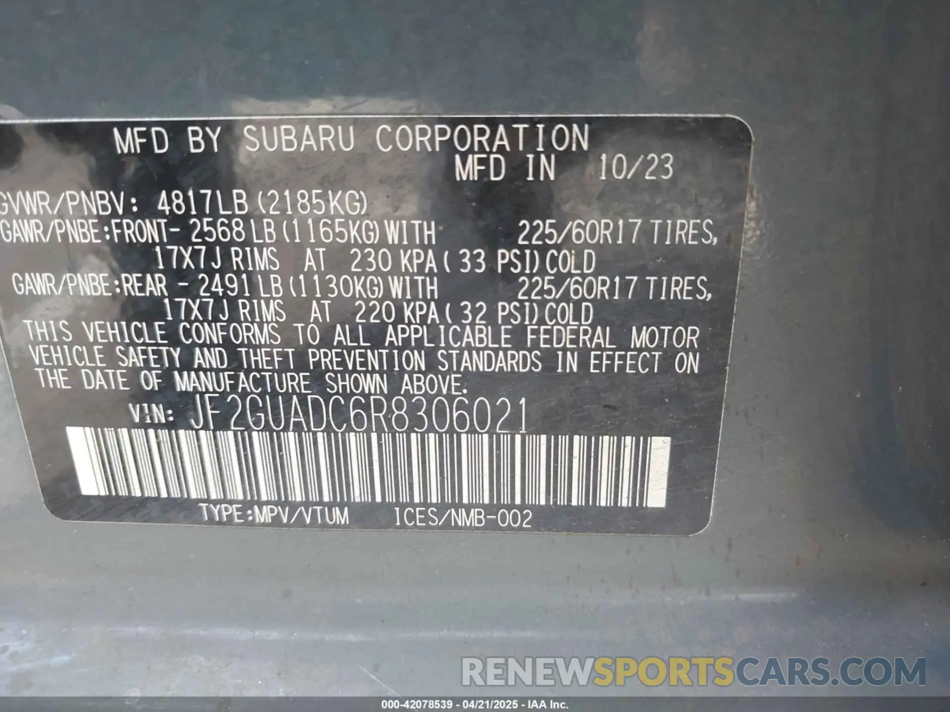 9 fotografías del automóvil dañado JF2GUADC6R8306021 SUBARU CROSSTREK 2024