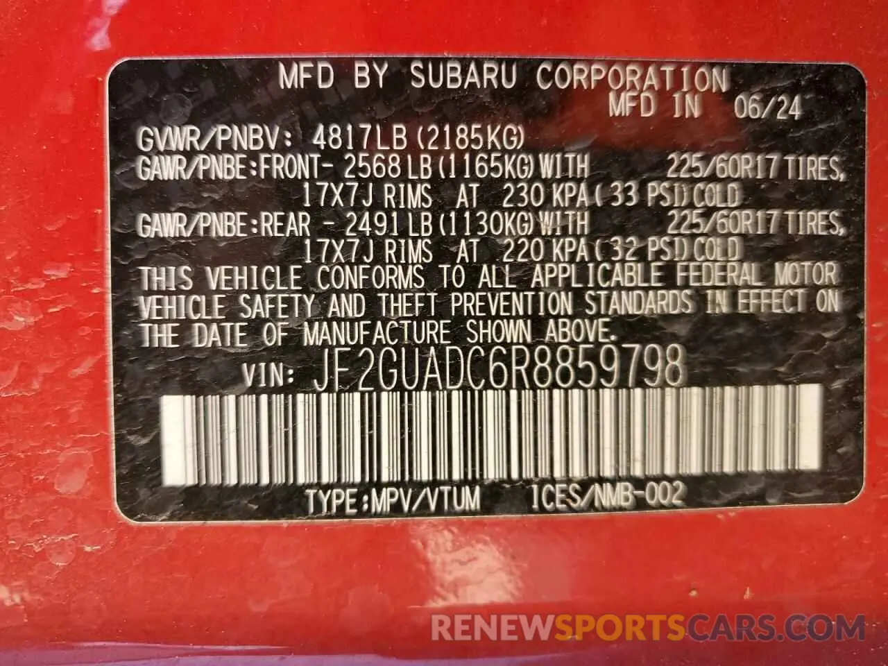 13 fotografías del automóvil dañado JF2GUADC6R8859798 SUBARU CROSSTREK 2024