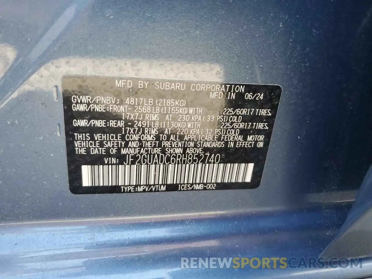 13 fotografías del automóvil dañado JF2GUADC6RH852740 SUBARU CROSSTREK 2024