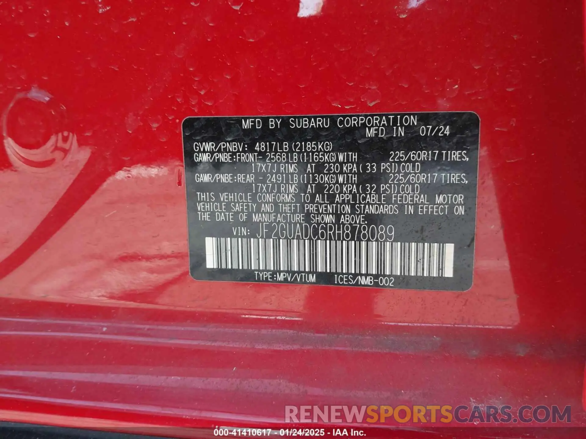9 fotografías del automóvil dañado JF2GUADC6RH878089 SUBARU CROSSTREK 2024