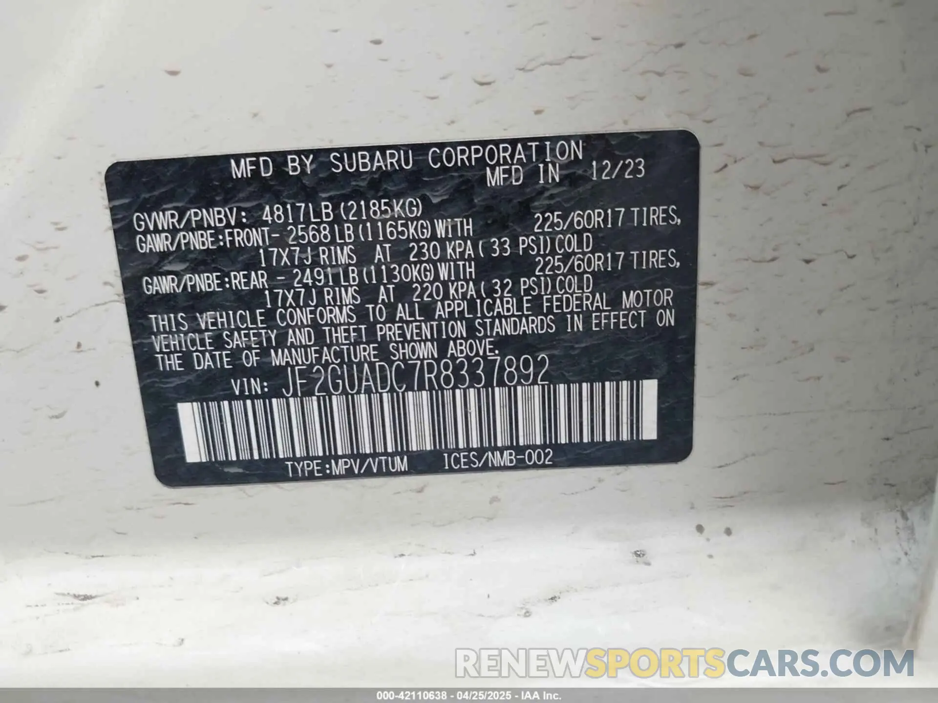 9 fotografías del automóvil dañado JF2GUADC7R8337892 SUBARU CROSSTREK 2024
