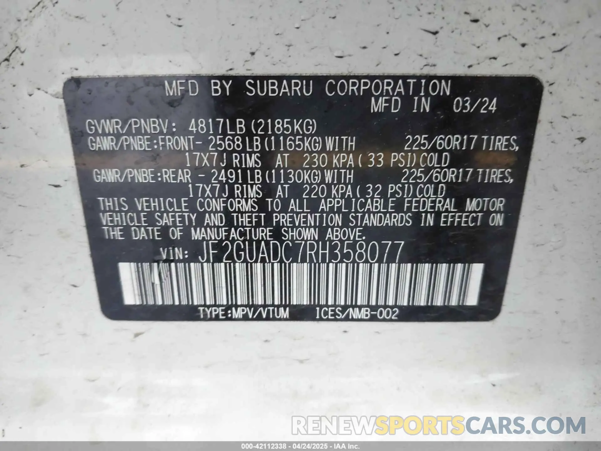9 fotografías del automóvil dañado JF2GUADC7RH358077 SUBARU CROSSTREK 2024
