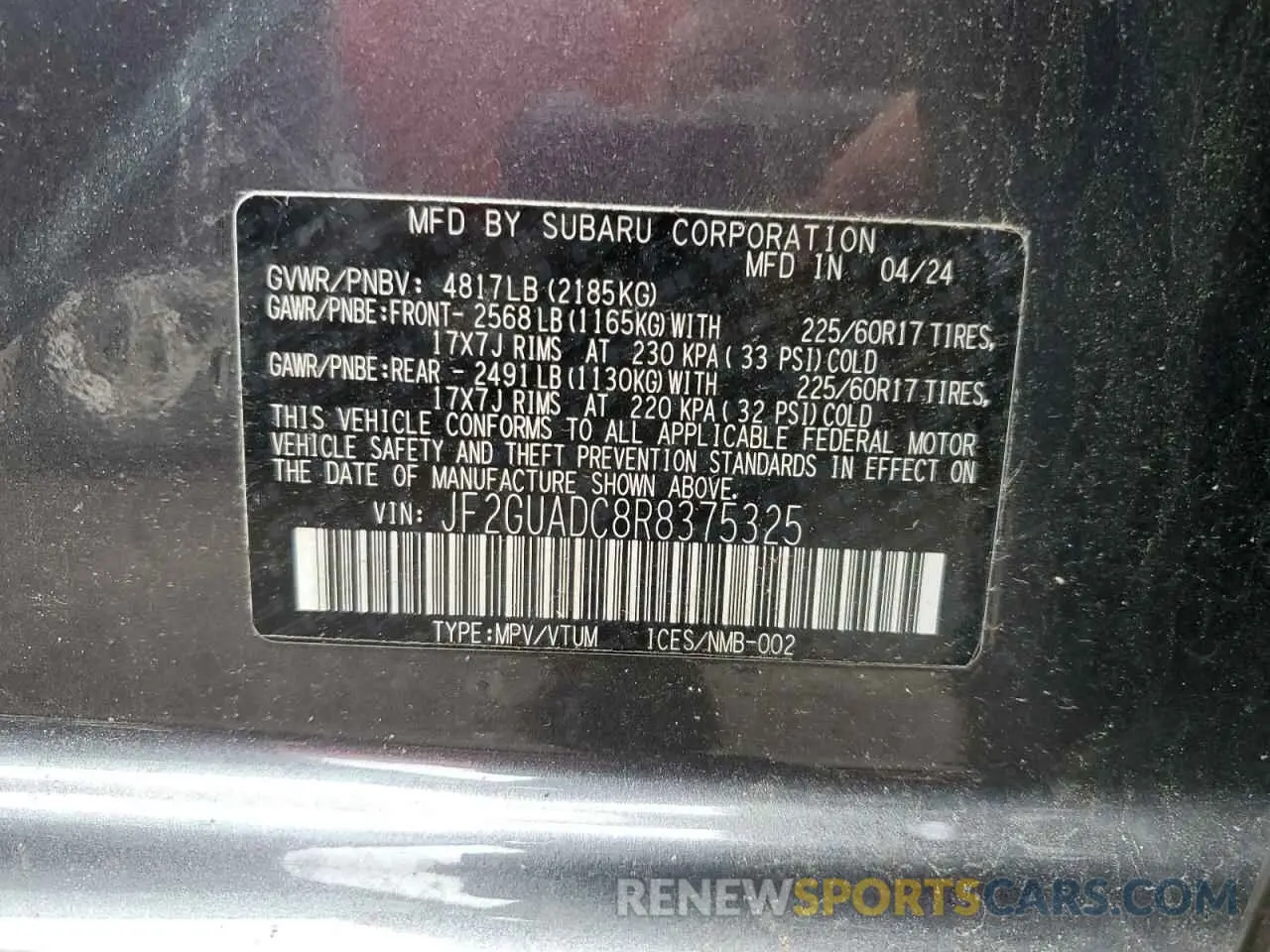 12 fotografías del automóvil dañado JF2GUADC8R8375325 SUBARU CROSSTREK 2024