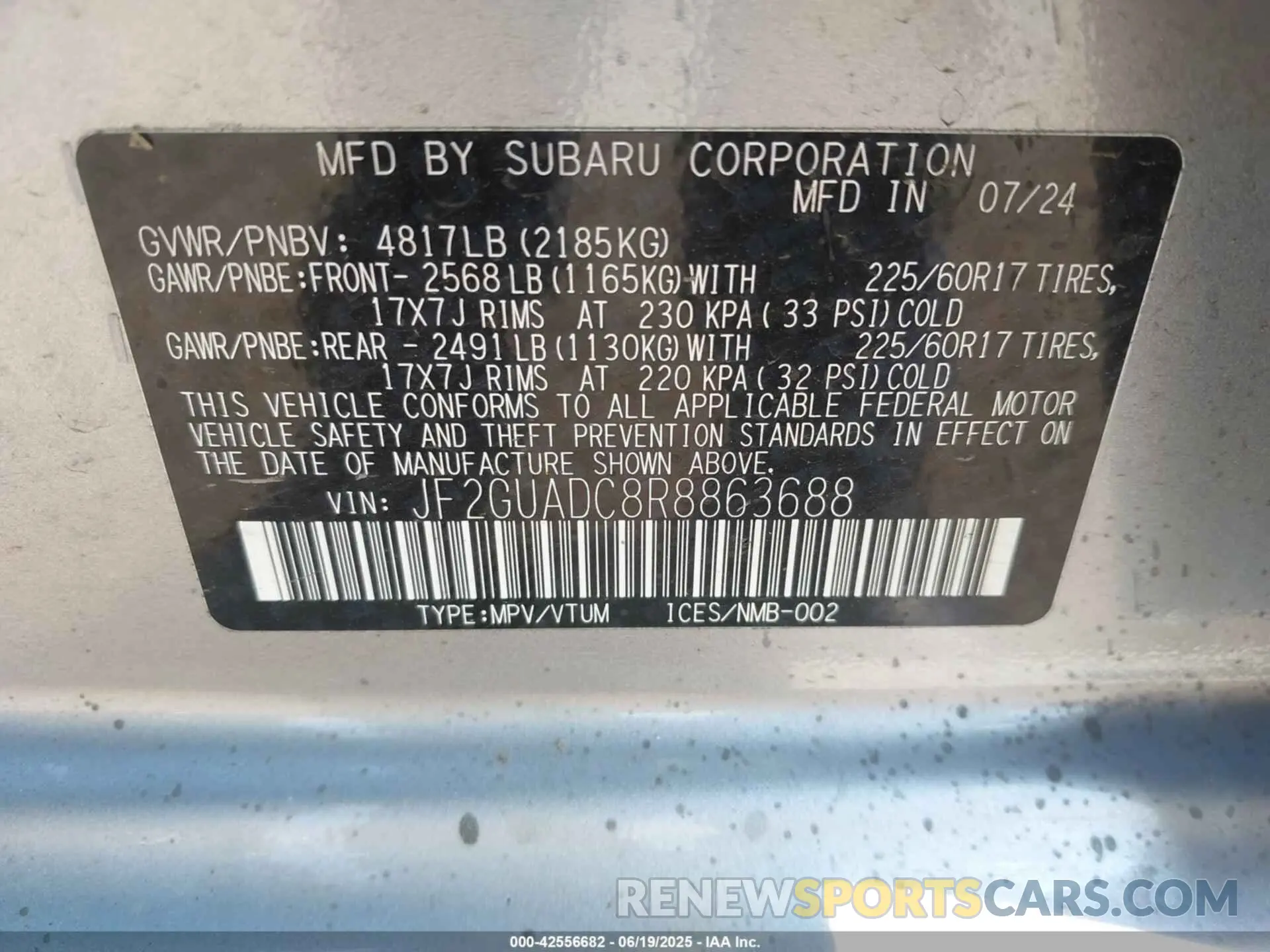 9 fotografías del automóvil dañado JF2GUADC8R8863688 SUBARU CROSSTREK 2024