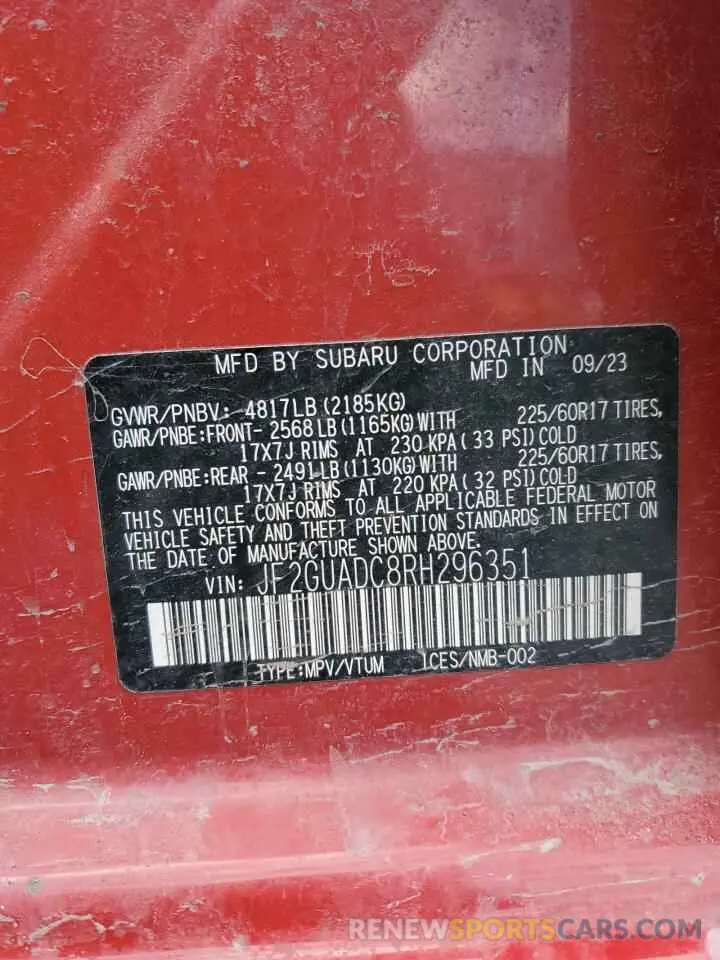 13 fotografías del automóvil dañado JF2GUADC8RH296351 SUBARU CROSSTREK 2024
