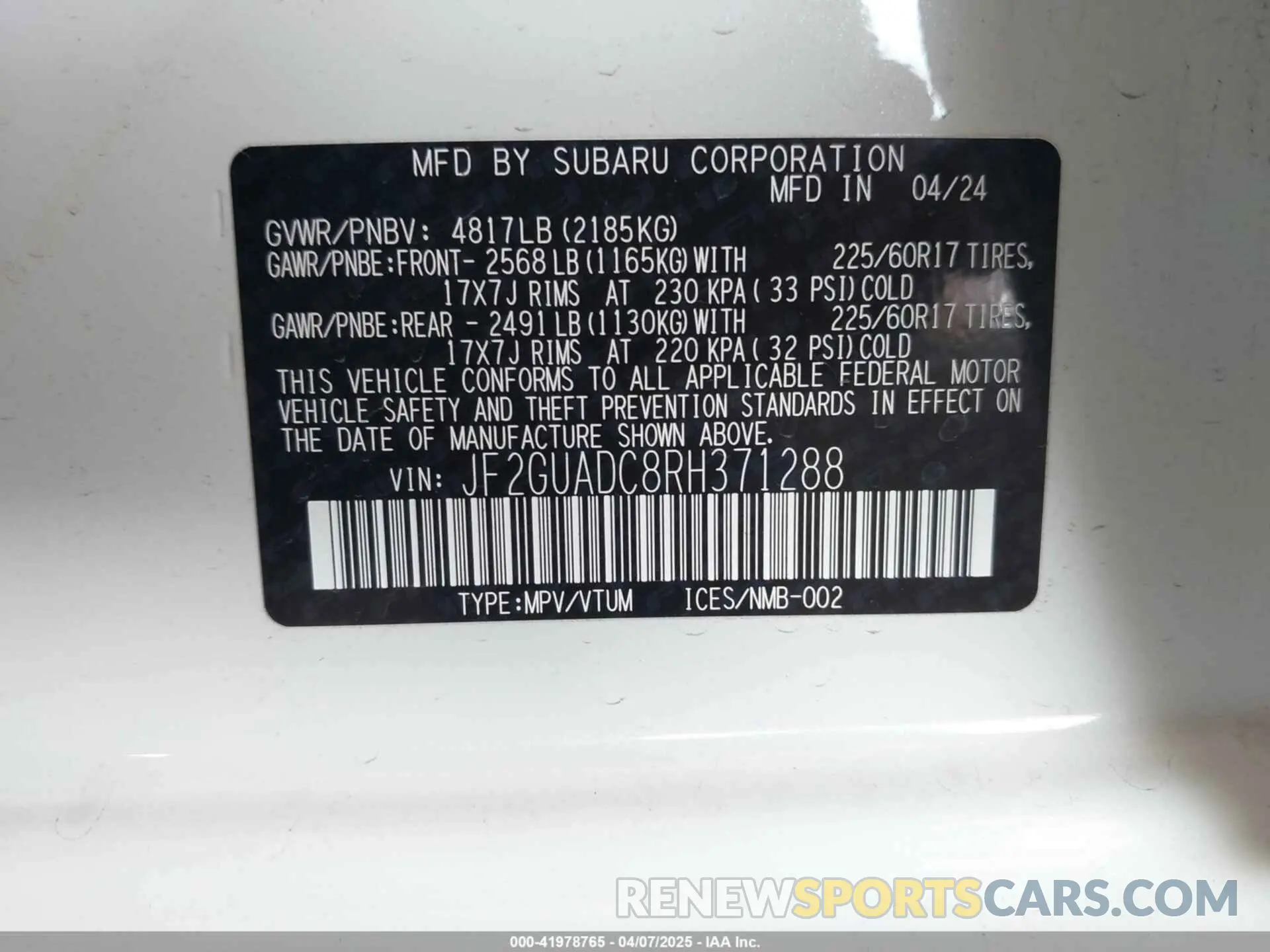 9 fotografías del automóvil dañado JF2GUADC8RH371288 SUBARU CROSSTREK 2024
