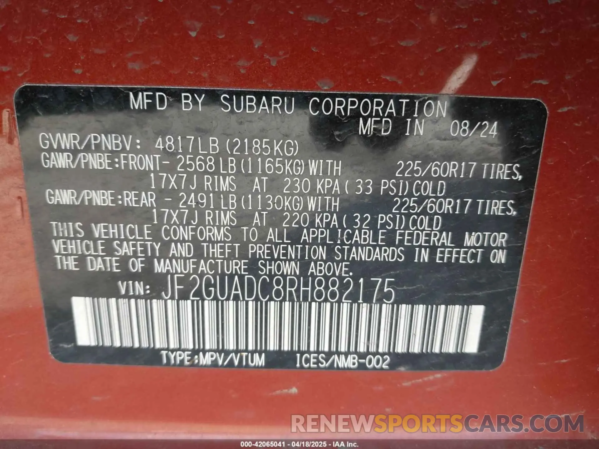 9 fotografías del automóvil dañado JF2GUADC8RH882175 SUBARU CROSSTREK 2024