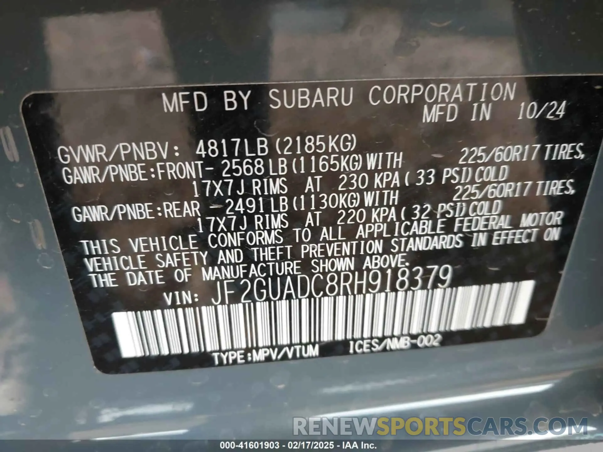 9 fotografías del automóvil dañado JF2GUADC8RH918379 SUBARU CROSSTREK 2024