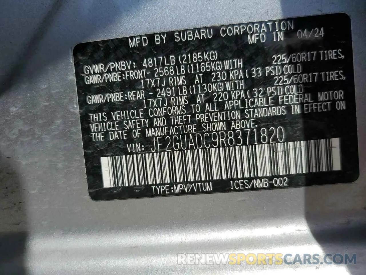 15 fotografías del automóvil dañado JF2GUADC9R8371820 SUBARU CROSSTREK 2024