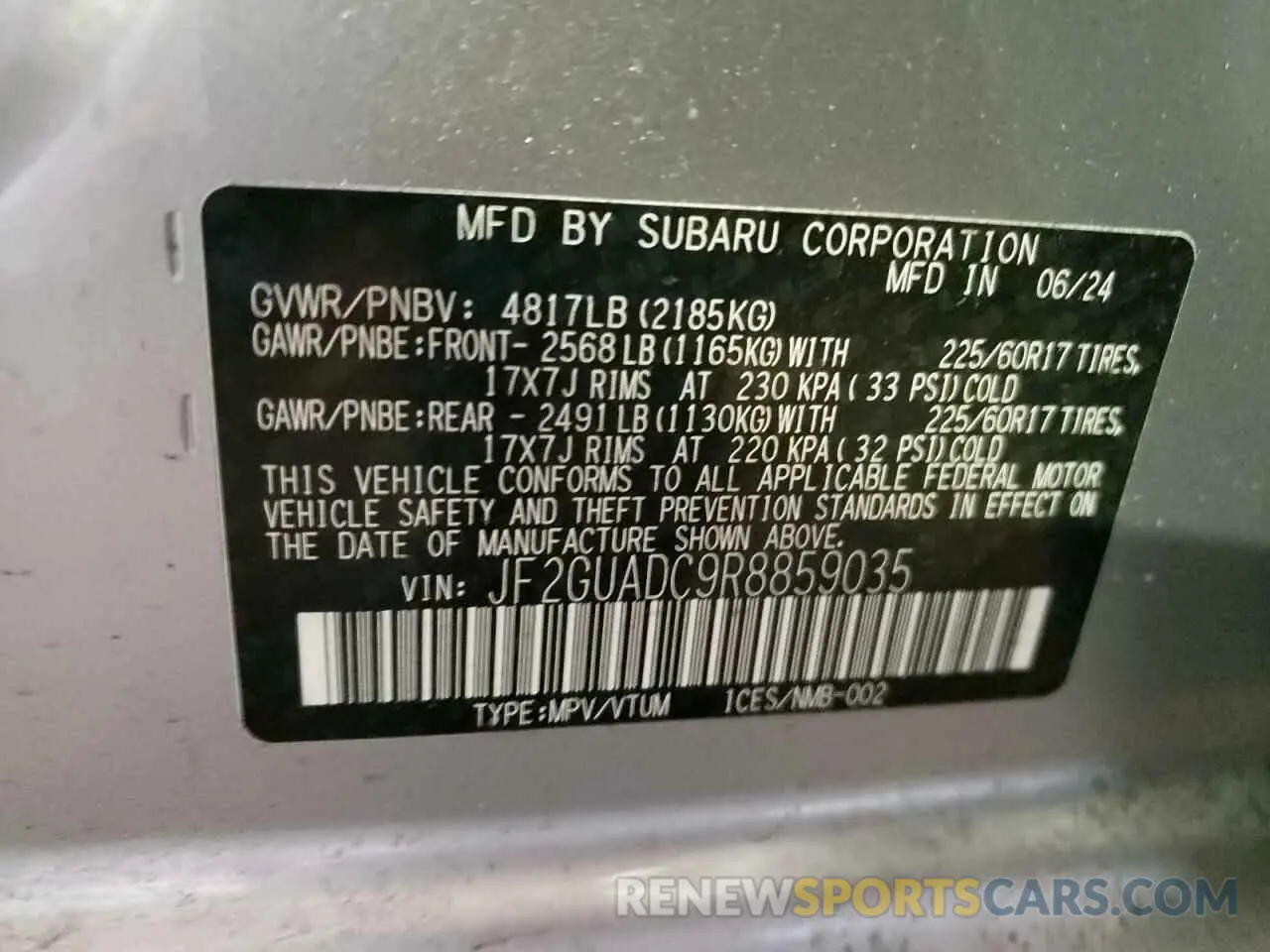 12 fotografías del automóvil dañado JF2GUADC9R8859035 SUBARU CROSSTREK 2024