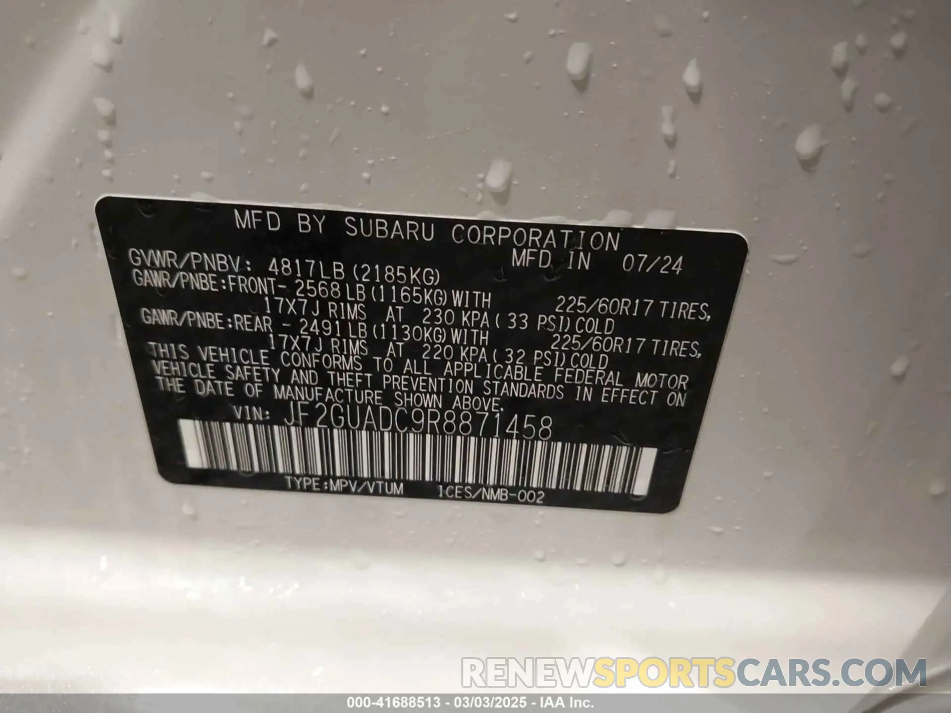 9 fotografías del automóvil dañado JF2GUADC9R8871458 SUBARU CROSSTREK 2024