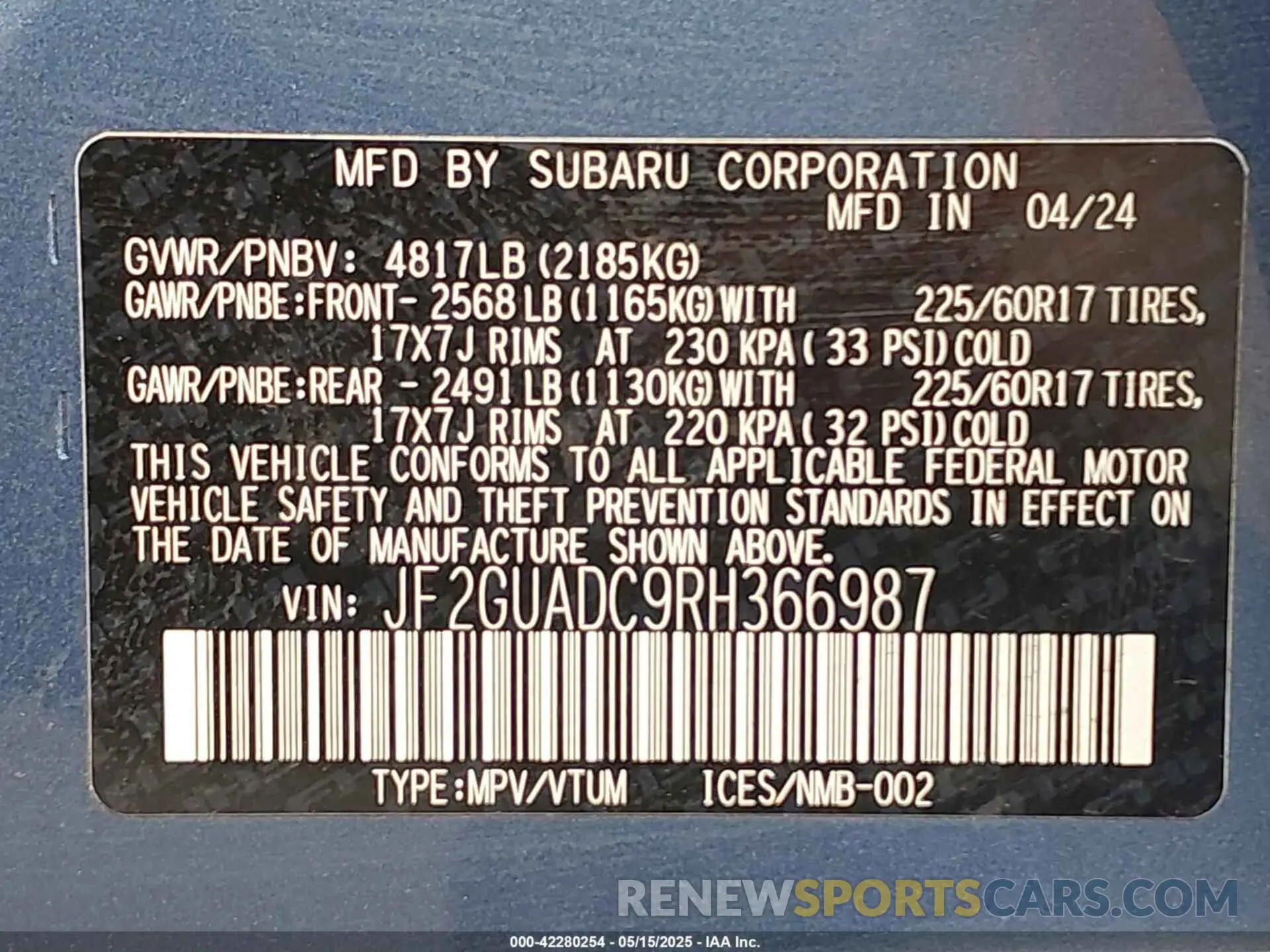 9 fotografías del automóvil dañado JF2GUADC9RH366987 SUBARU CROSSTREK 2024