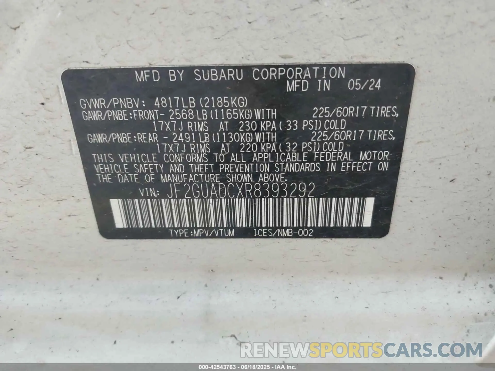 9 fotografías del automóvil dañado JF2GUADCXR8393292 SUBARU CROSSTREK 2024