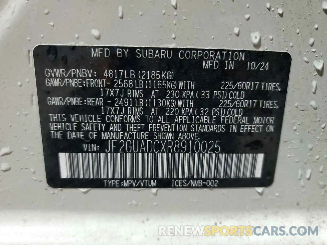 12 fotografías del automóvil dañado JF2GUADCXR8910025 SUBARU CROSSTREK 2024