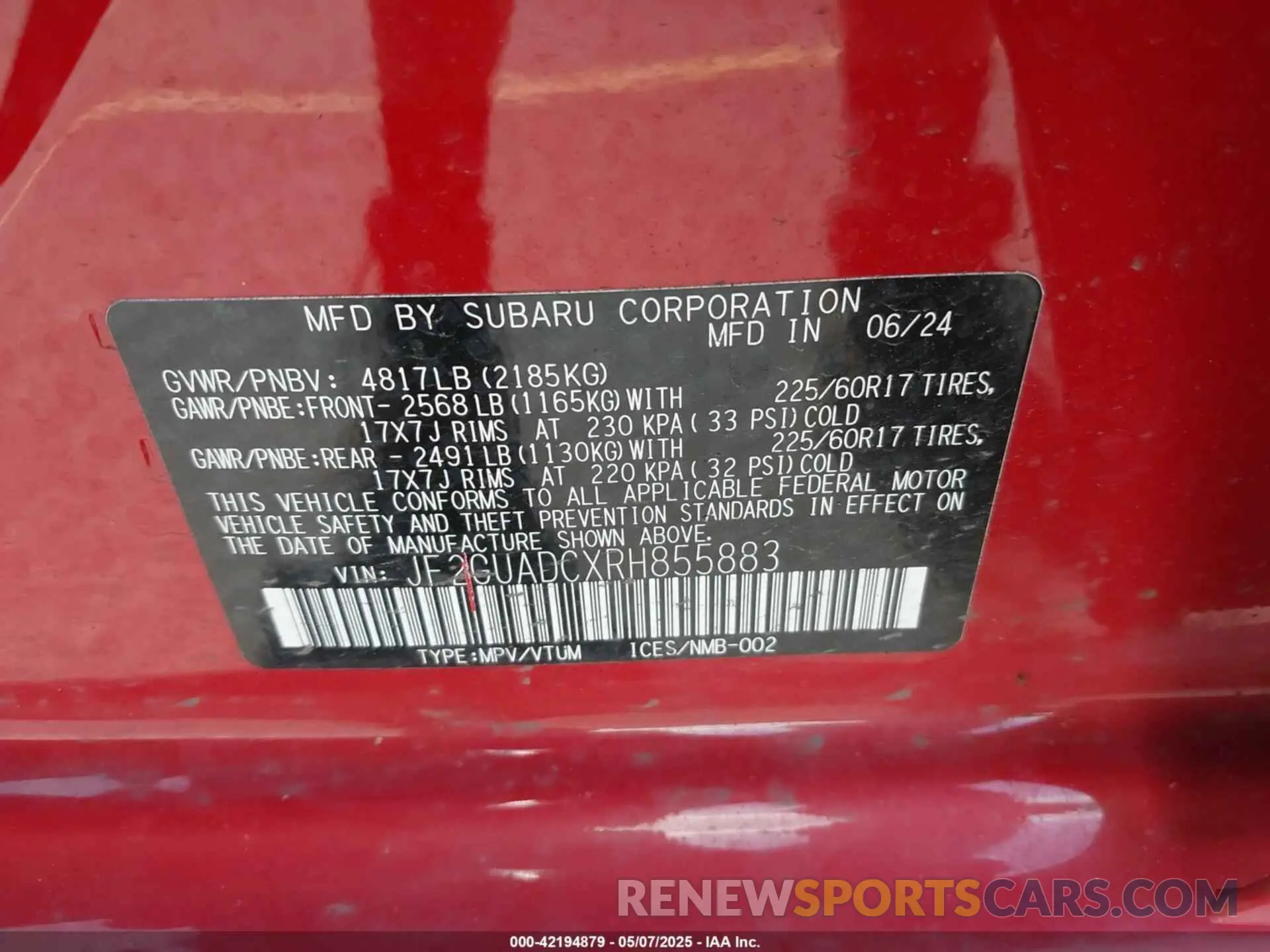 9 fotografías del automóvil dañado JF2GUADCXRH855883 SUBARU CROSSTREK 2024