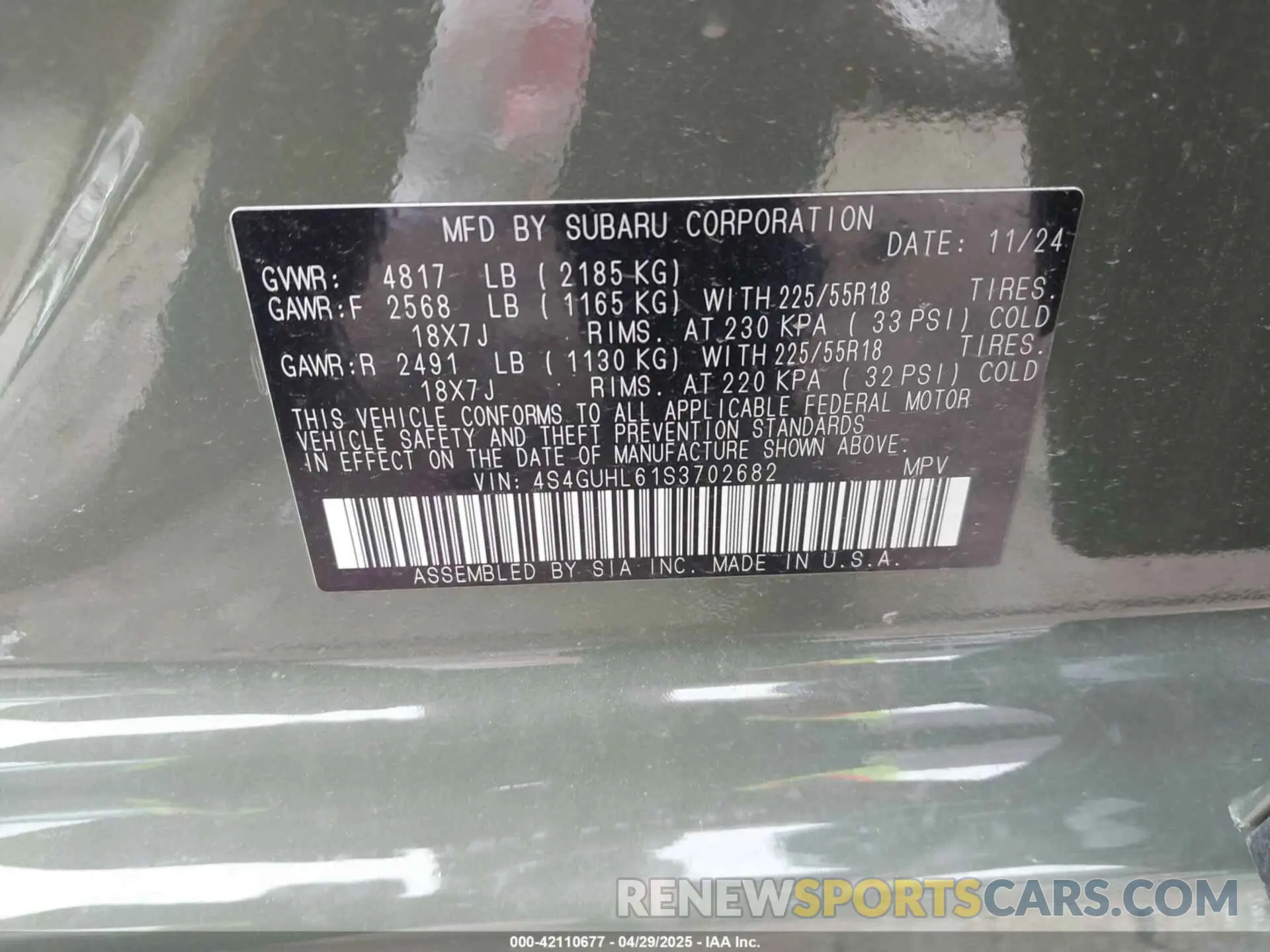 9 fotografías del automóvil dañado 4S4GUHL61S3702682 SUBARU CROSSTREK 2025
