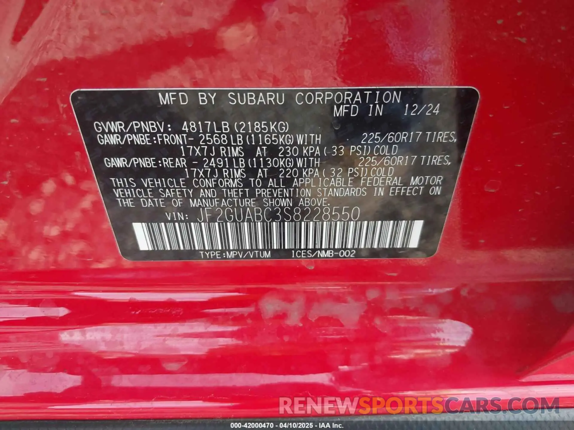 9 fotografías del automóvil dañado JF2GUABC3S8228550 SUBARU CROSSTREK 2025