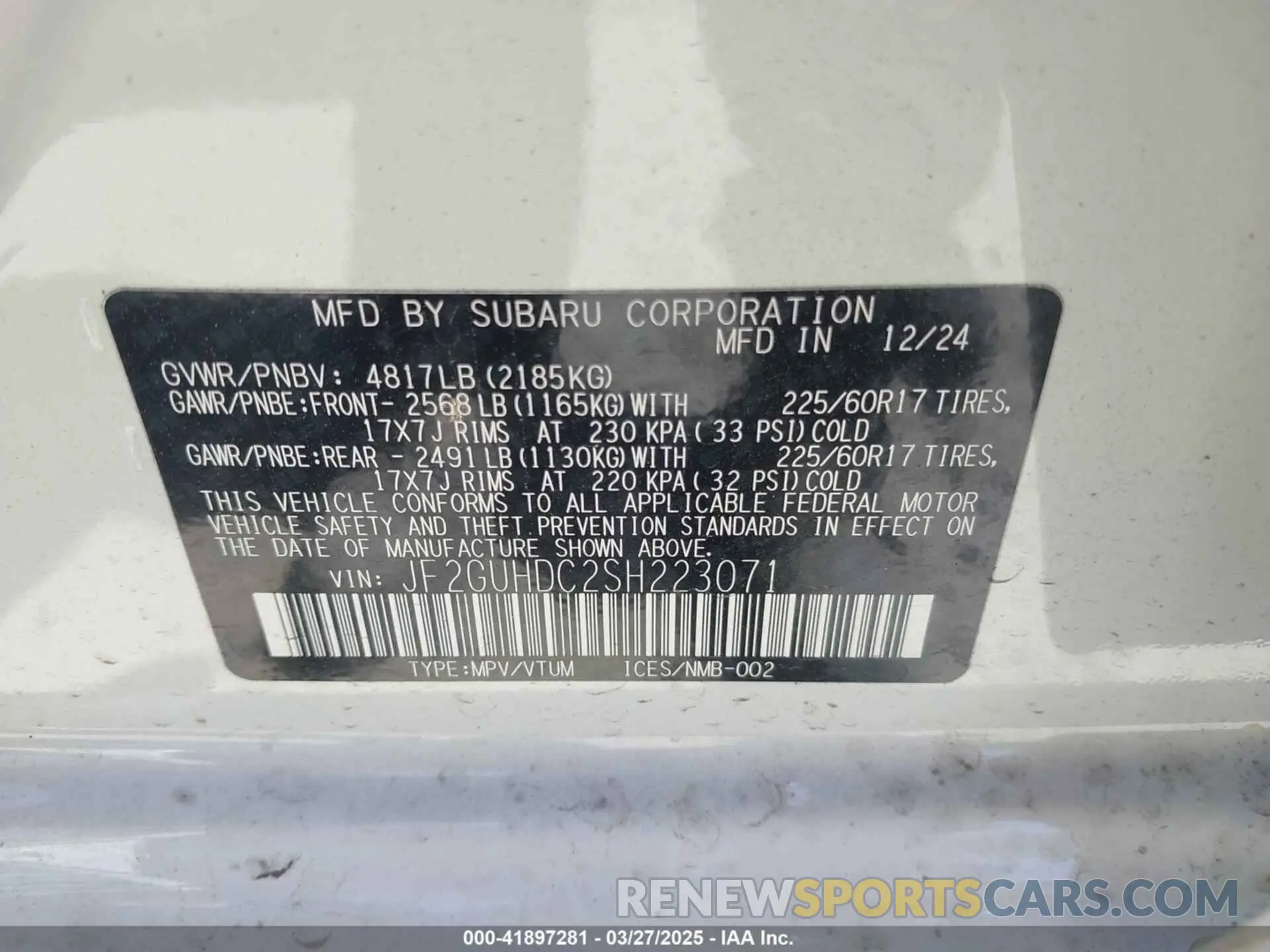 9 fotografías del automóvil dañado JF2GUHDC2SH223071 SUBARU CROSSTREK 2025