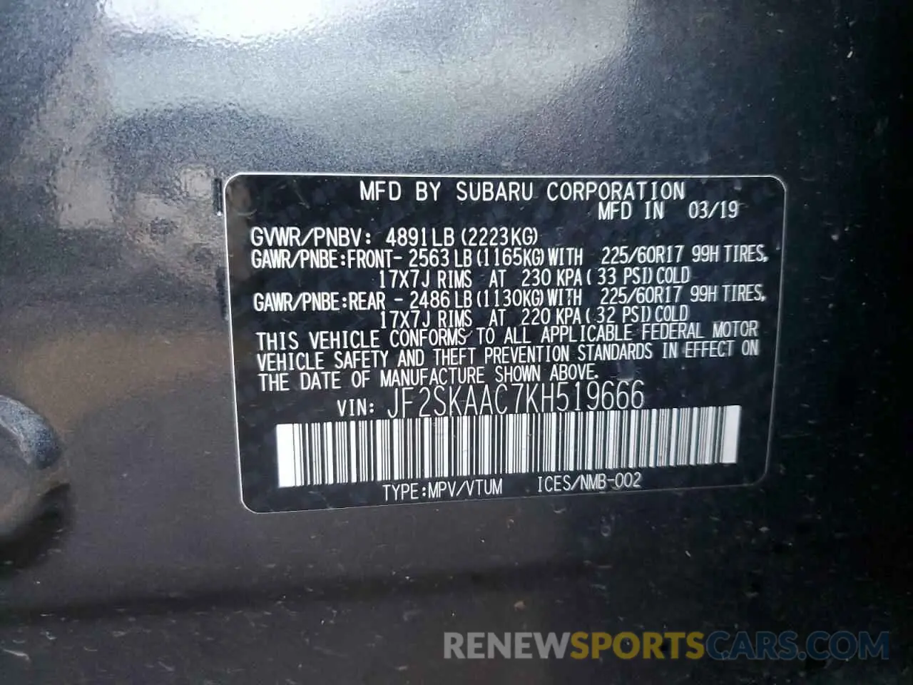 12 fotografías del automóvil dañado JF2SKAAC7KH519666 SUBARU FORESTER 2019