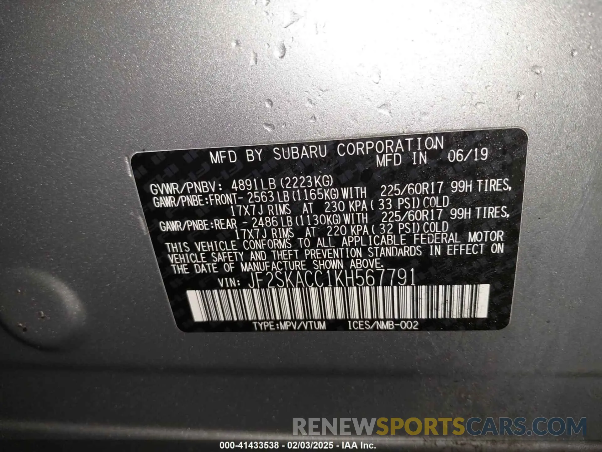 9 fotografías del automóvil dañado JF2SKACC1KH567791 SUBARU FORESTER 2019