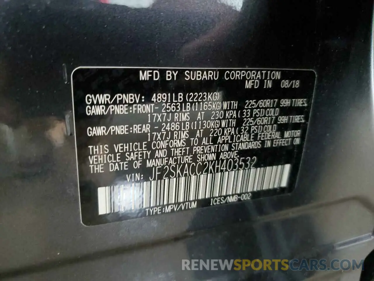 13 fotografías del automóvil dañado JF2SKACC2KH403532 SUBARU FORESTER 2019