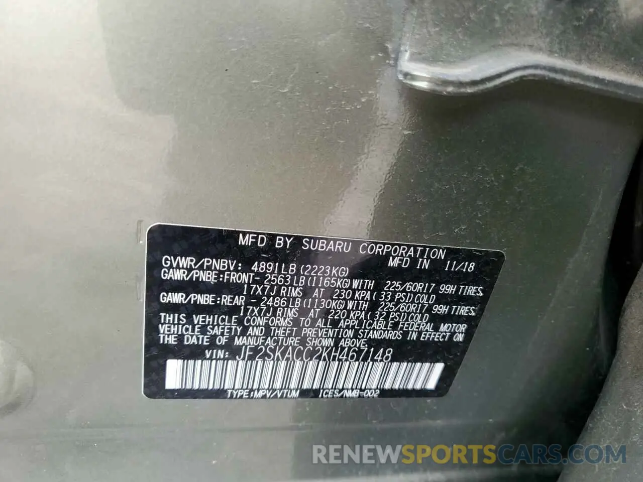 12 fotografías del automóvil dañado JF2SKACC2KH467148 SUBARU FORESTER 2019