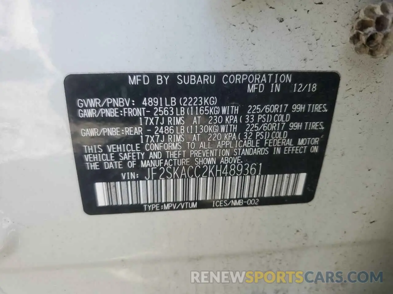 16 fotografías del automóvil dañado JF2SKACC2KH489361 SUBARU FORESTER 2019