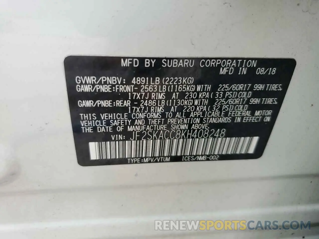 13 fotografías del automóvil dañado JF2SKACC8KH408248 SUBARU FORESTER 2019