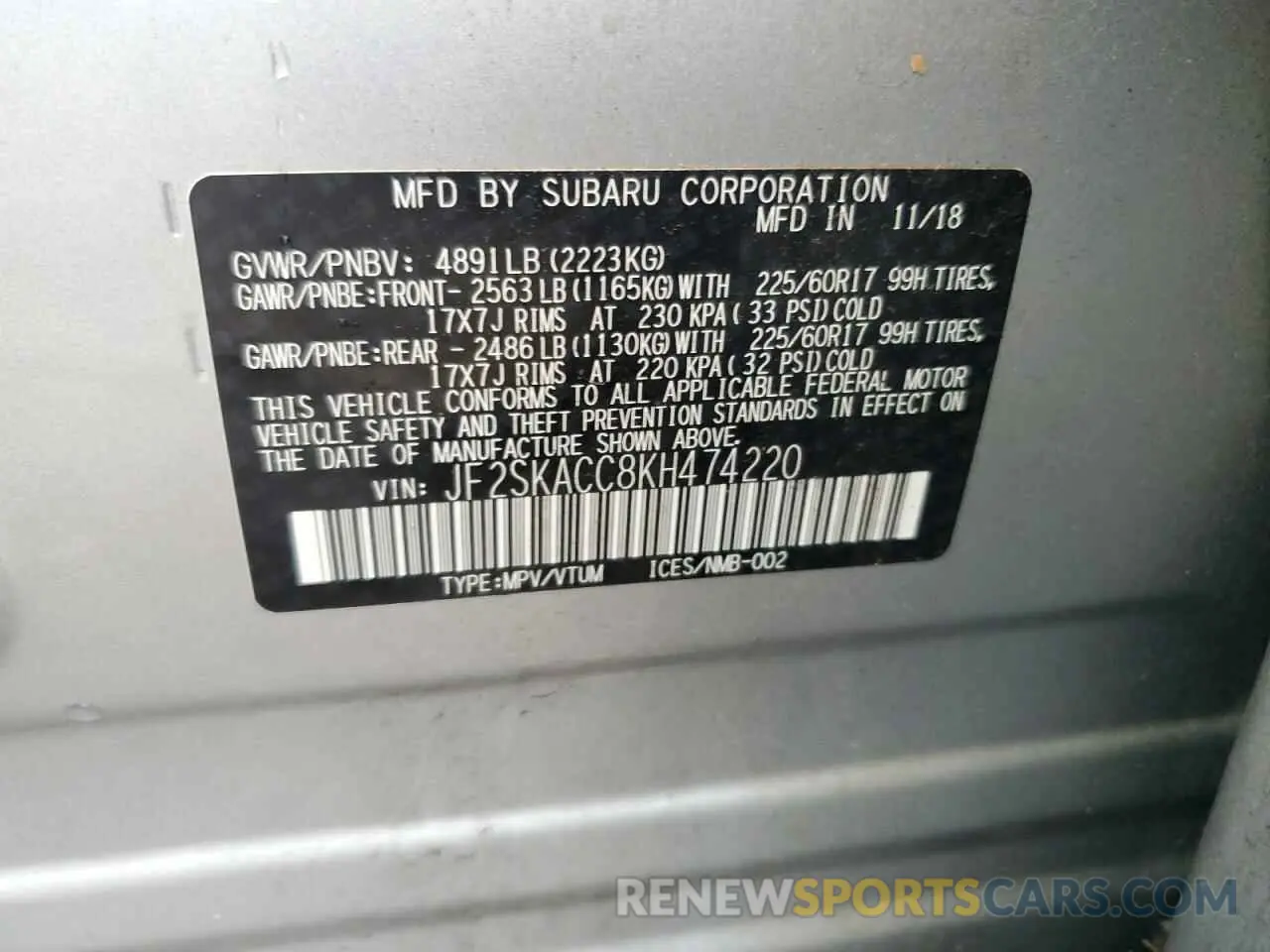 14 fotografías del automóvil dañado JF2SKACC8KH474220 SUBARU FORESTER 2019