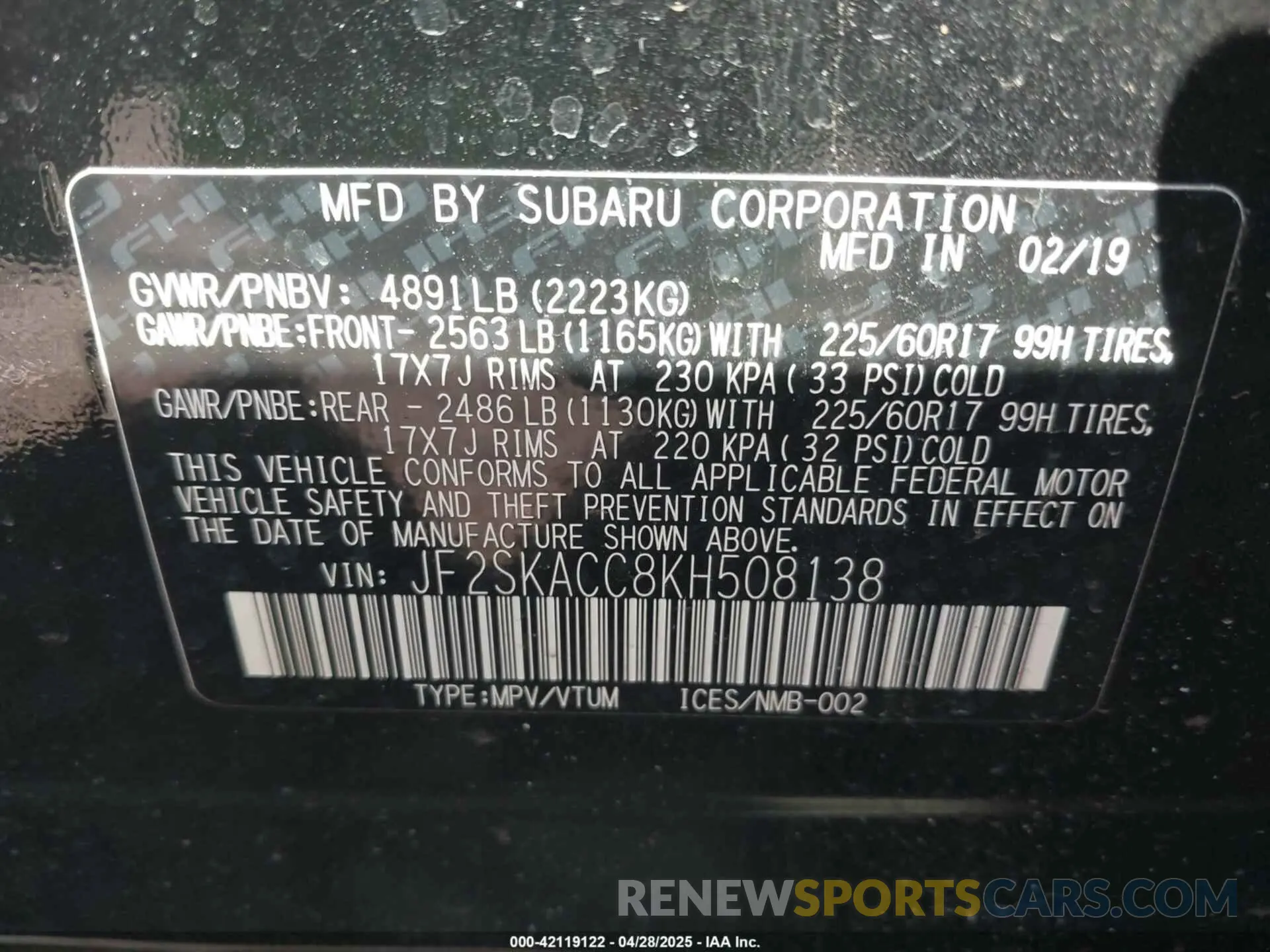 9 fotografías del automóvil dañado JF2SKACC8KH508138 SUBARU FORESTER 2019