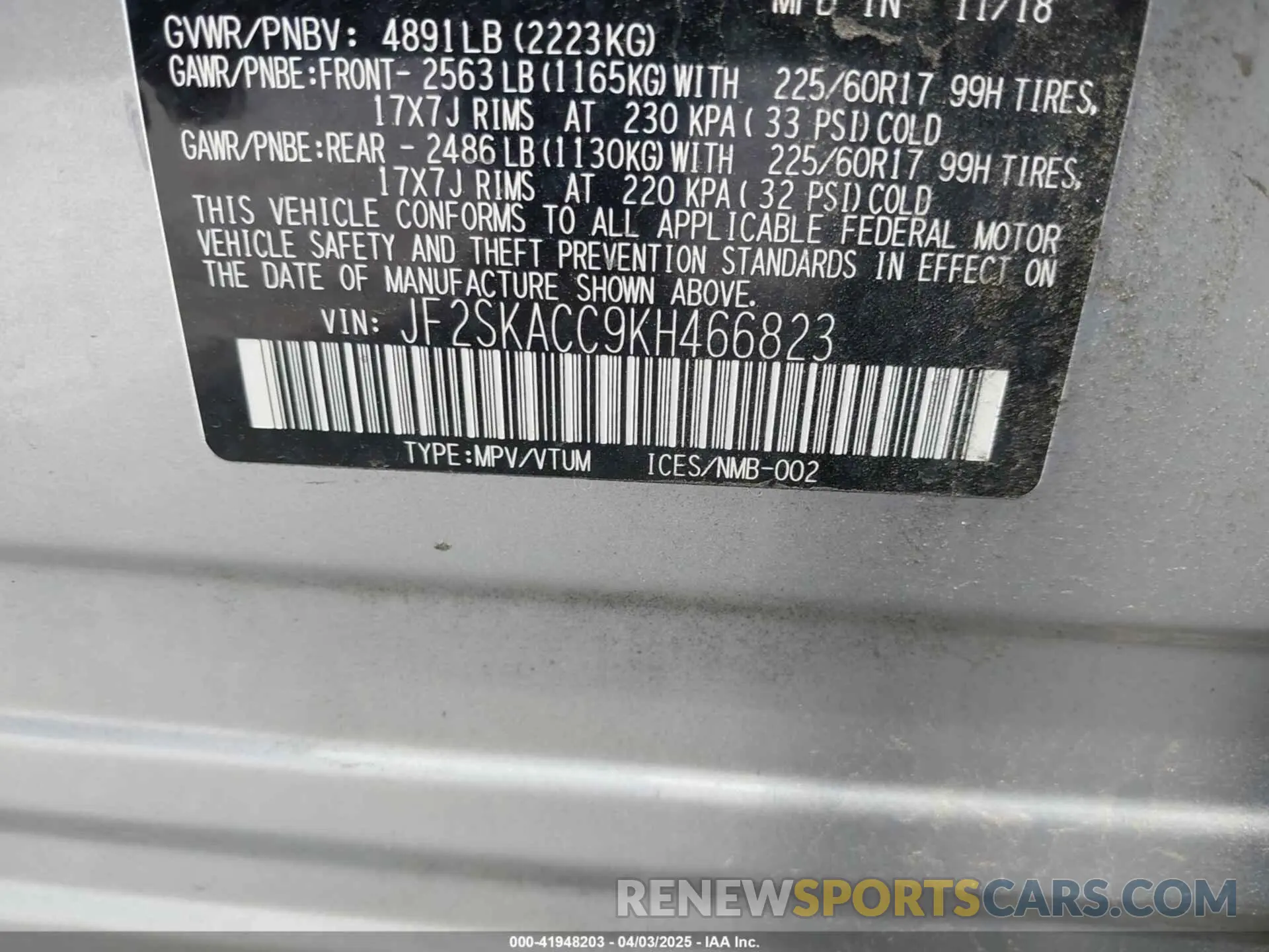 9 fotografías del automóvil dañado JF2SKACC9KH466823 SUBARU FORESTER 2019